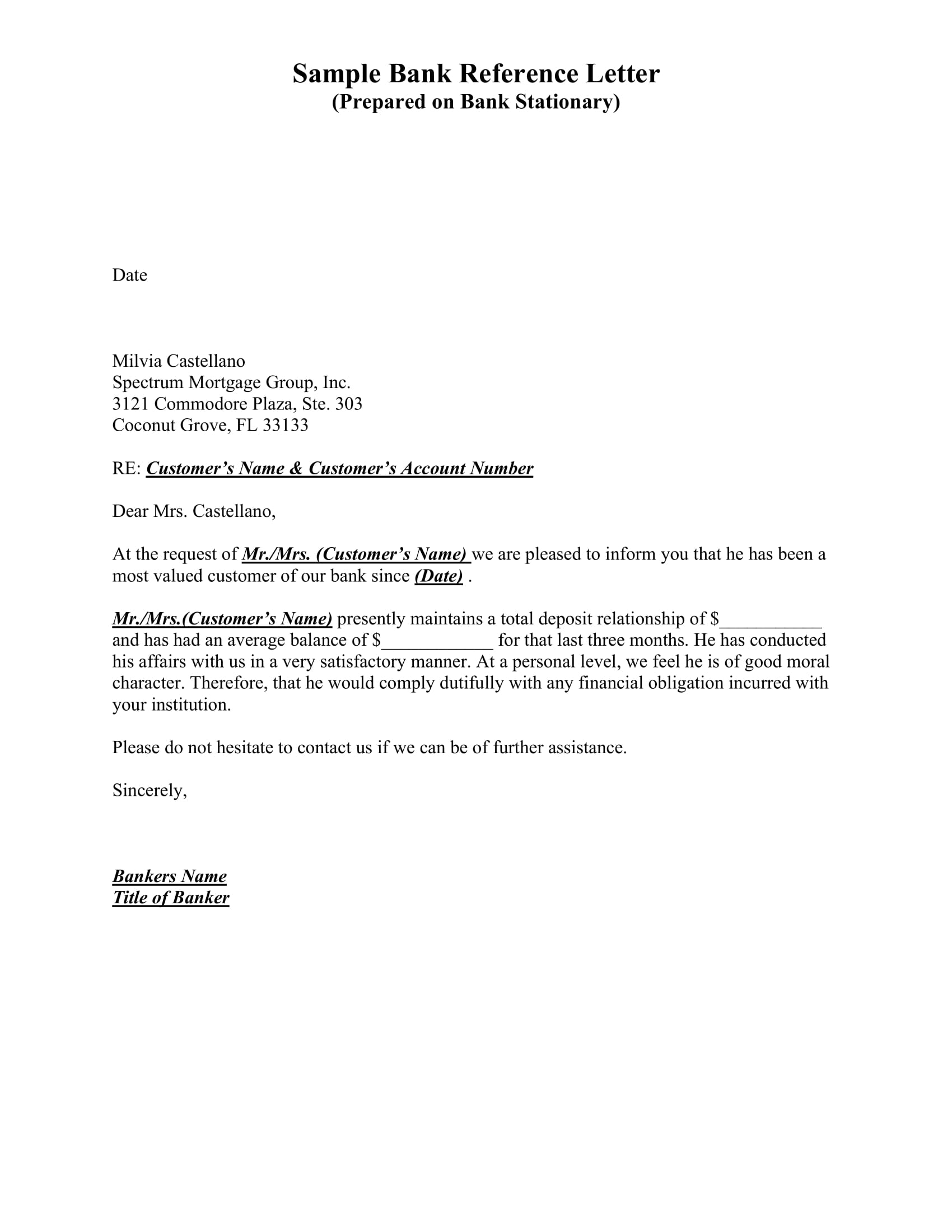 Sample of Bank Reference Letter