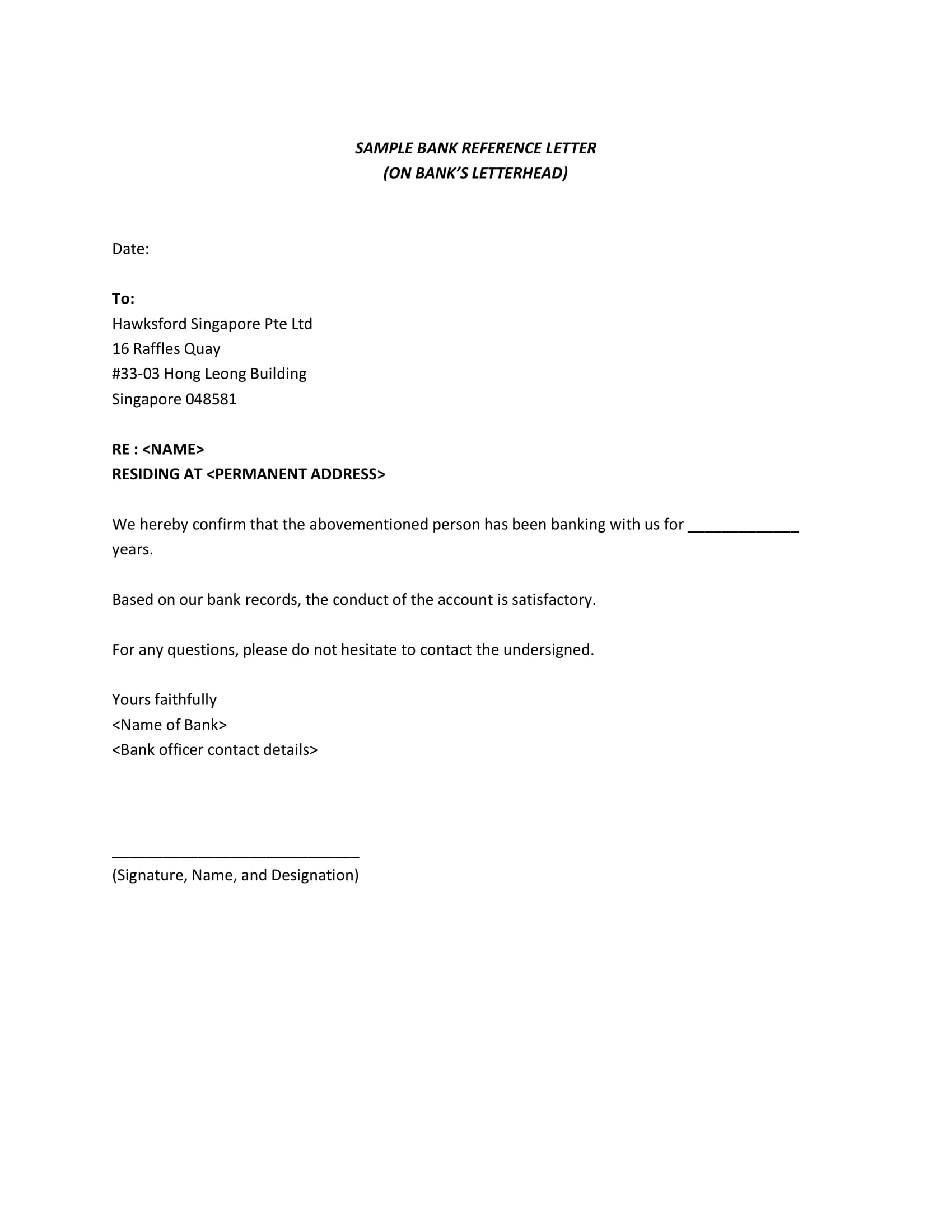 Sample personal bank reference letter 1