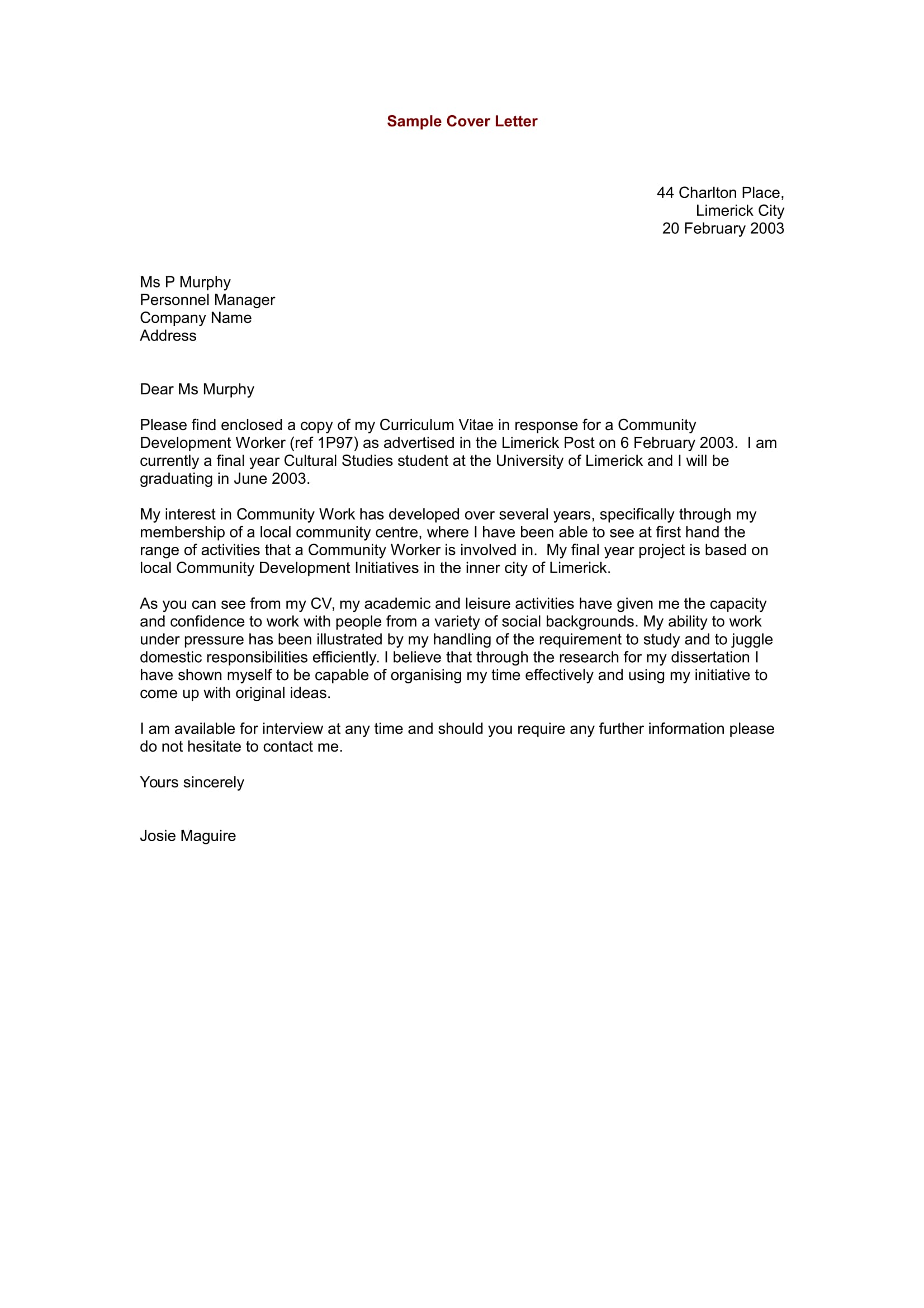 sample of an application letter for employment