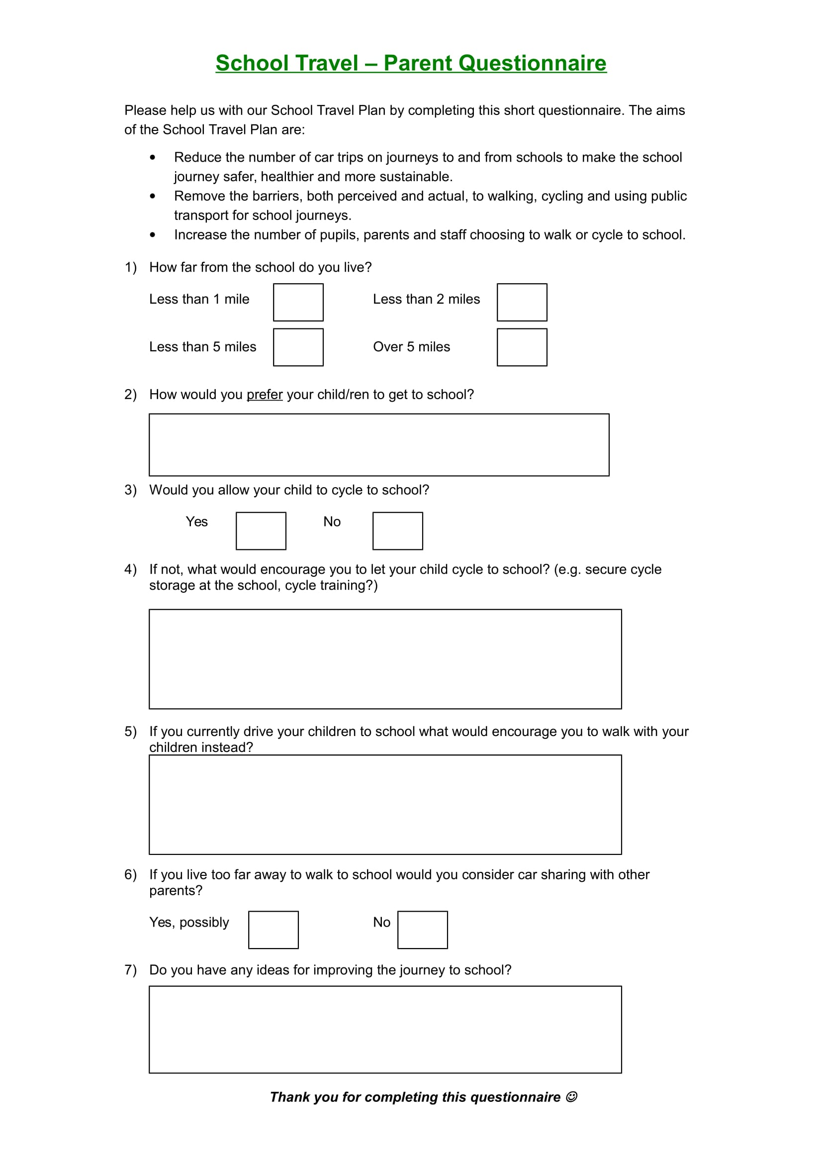 School Travel-Parent Survey Questionnaire Example
