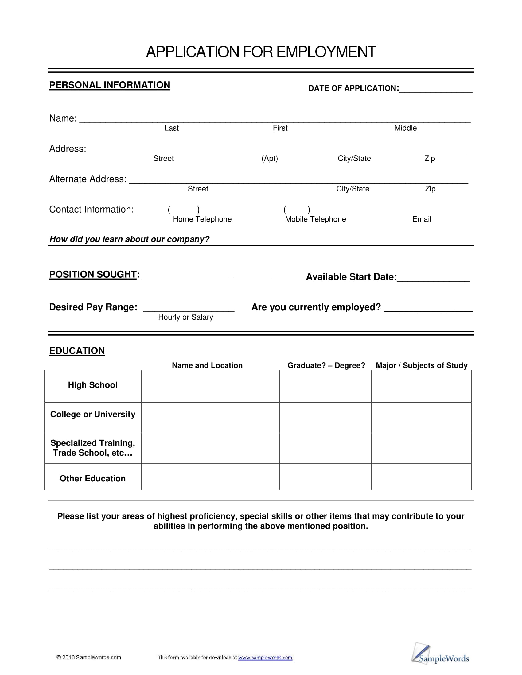 Free Printable Basic Job Application Form