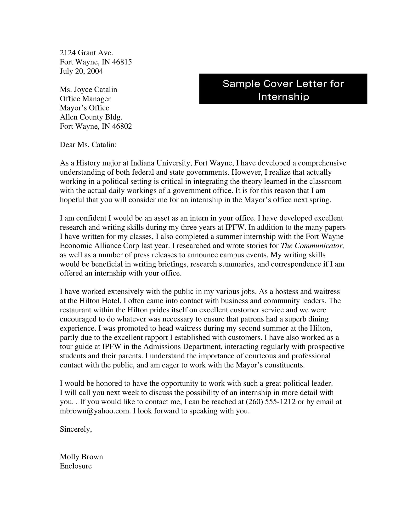 spring internship cover letter example