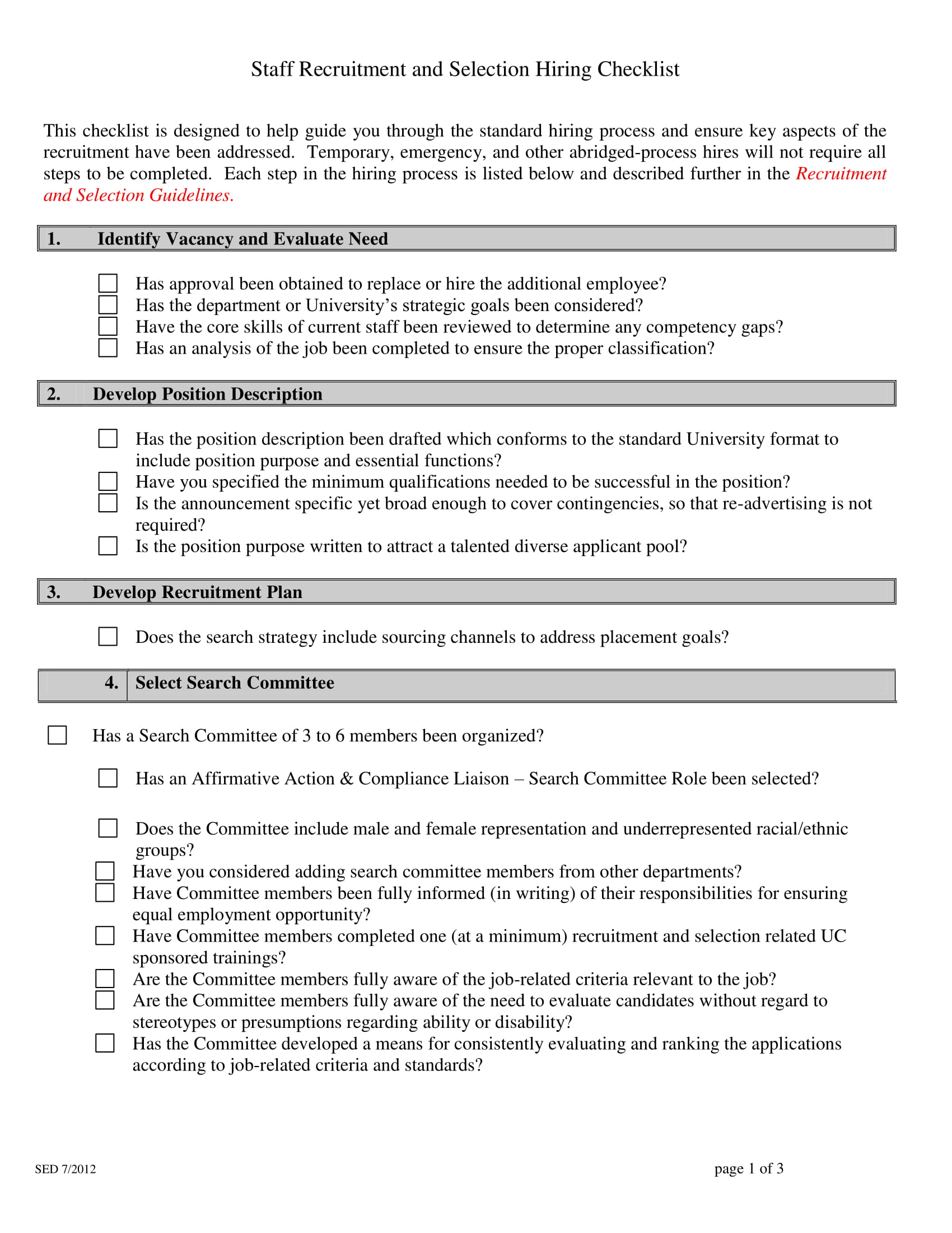 staff recruitment and selection hiring checklist example