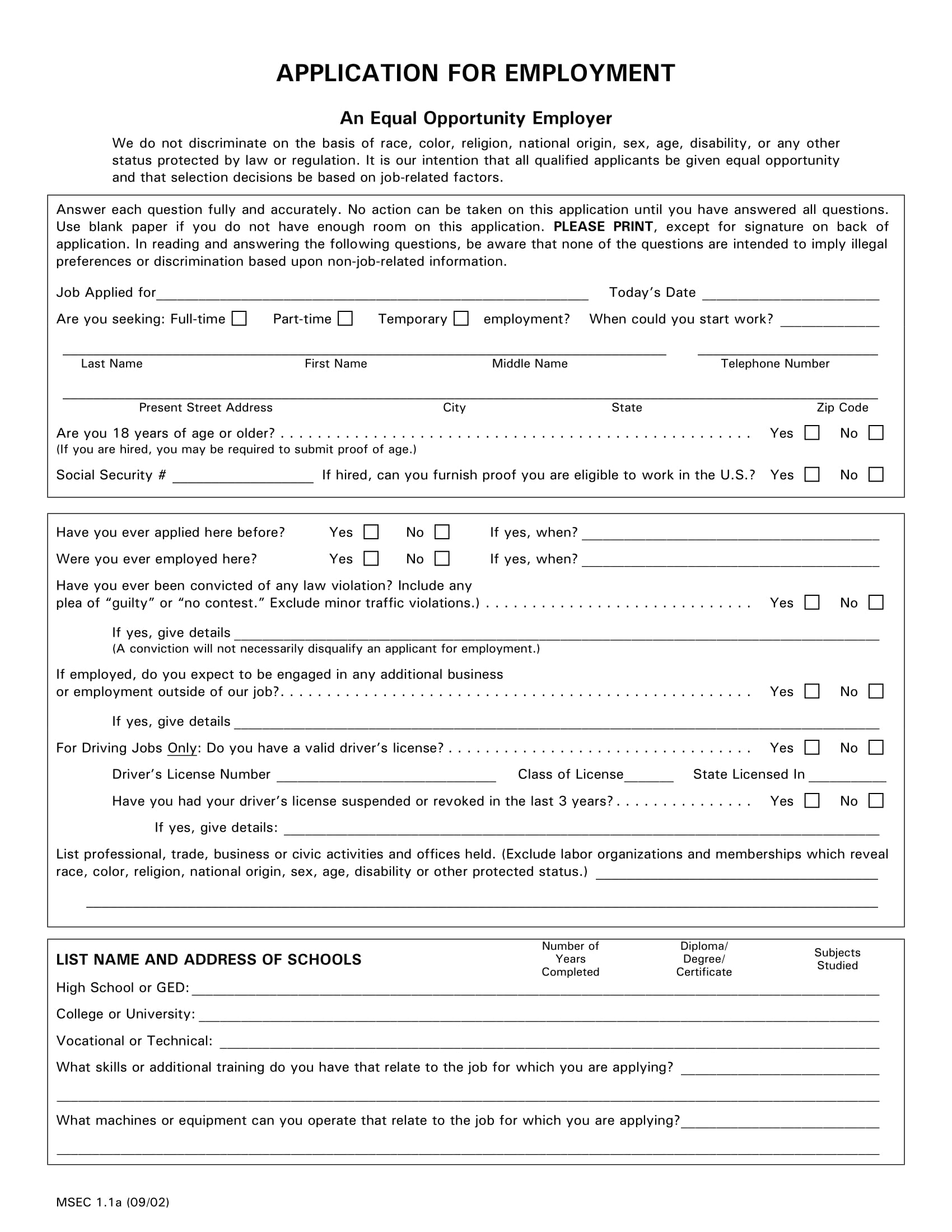 standard application for employment example