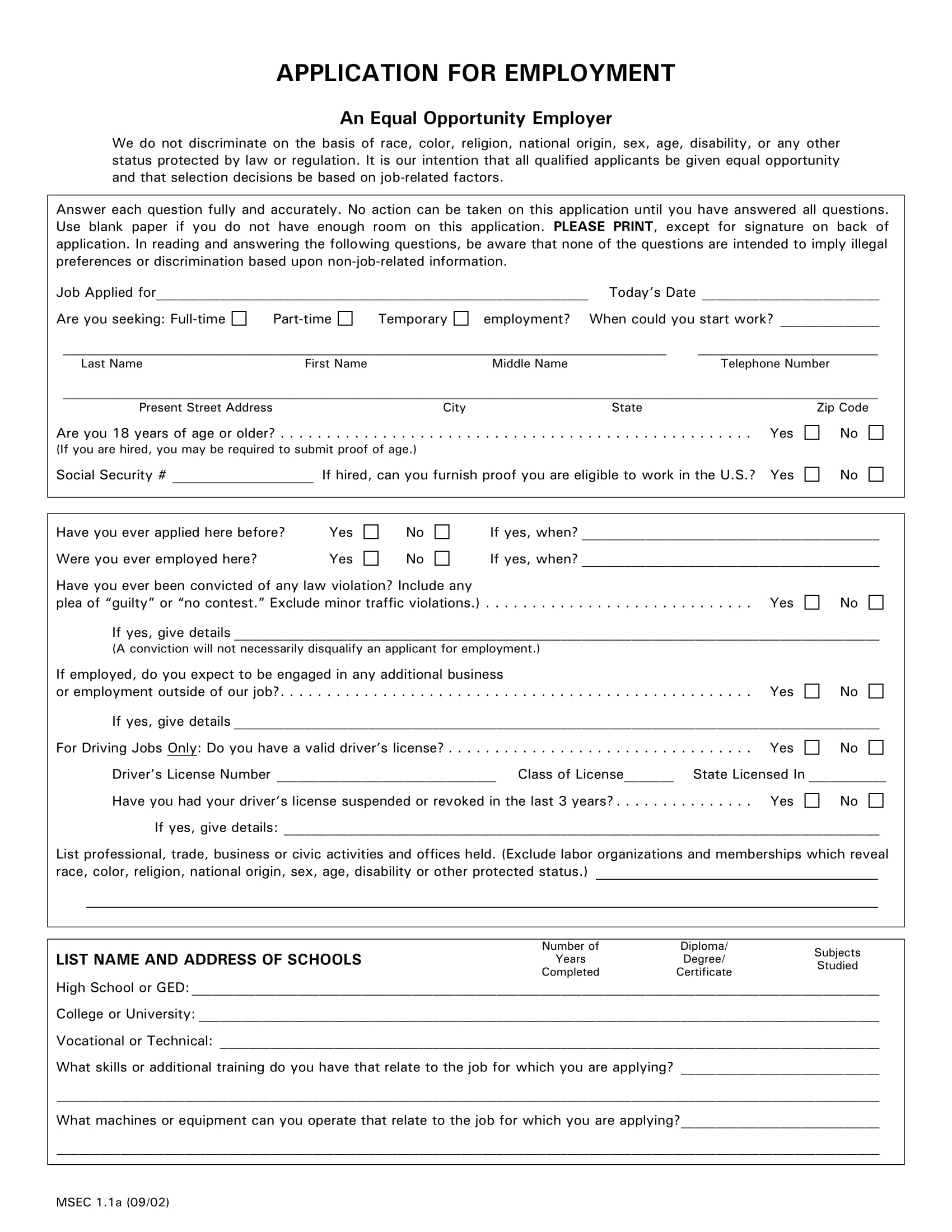 Standard Application for Employment Example