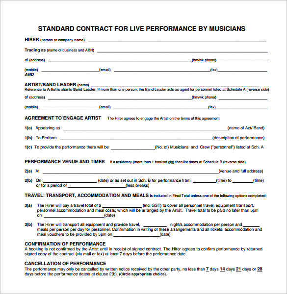 standard contract for live performance by musicians sample format