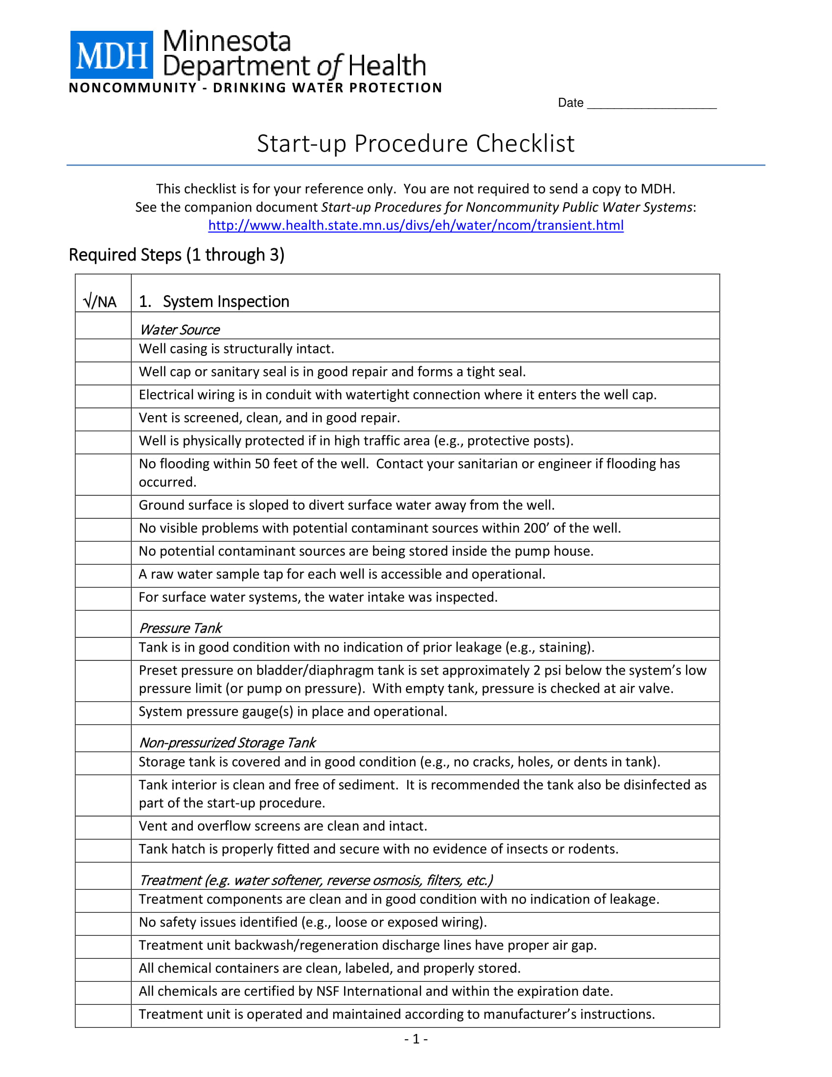 start up procedure checklist