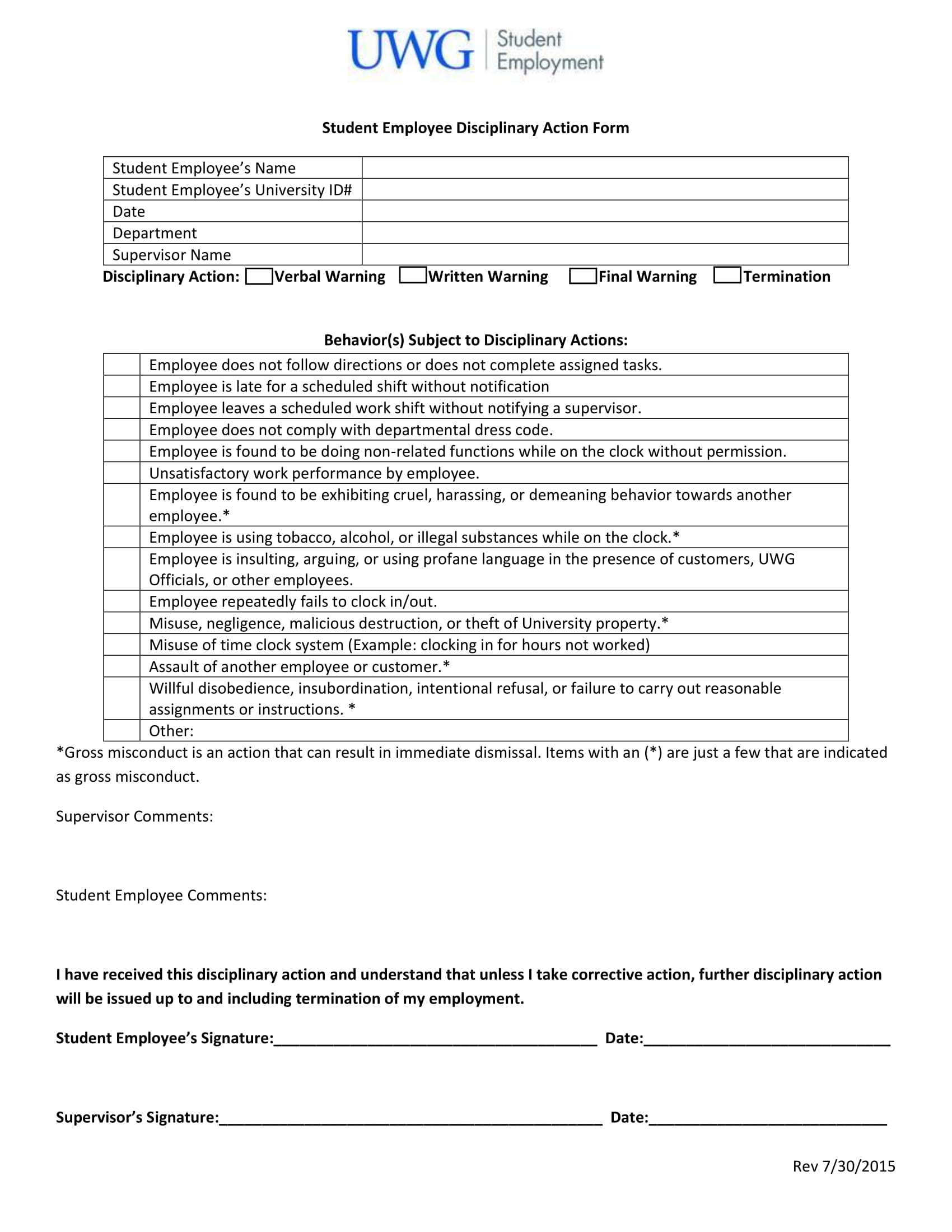 student employee disciplinary action form