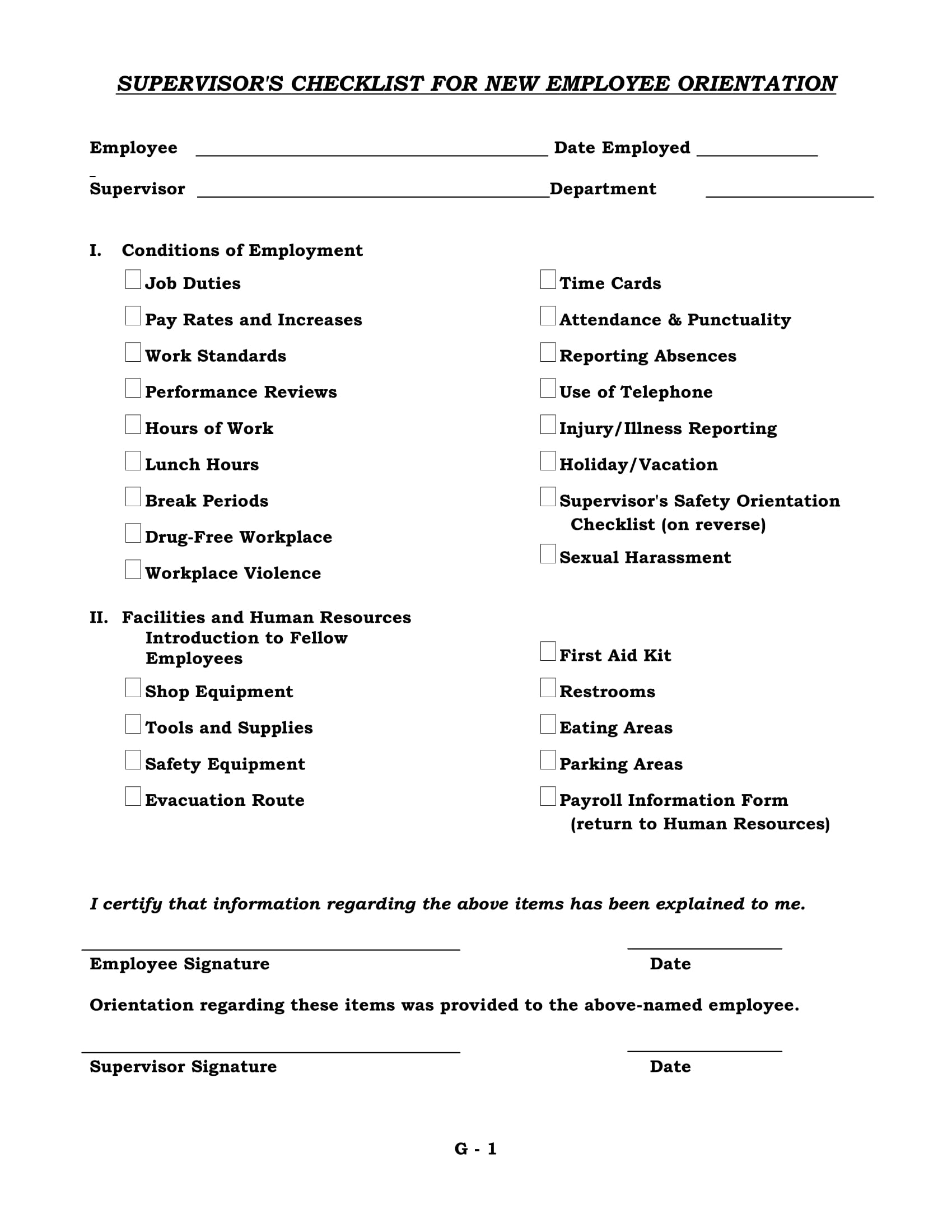 Supervisor's Checklist for New Employee Orientation