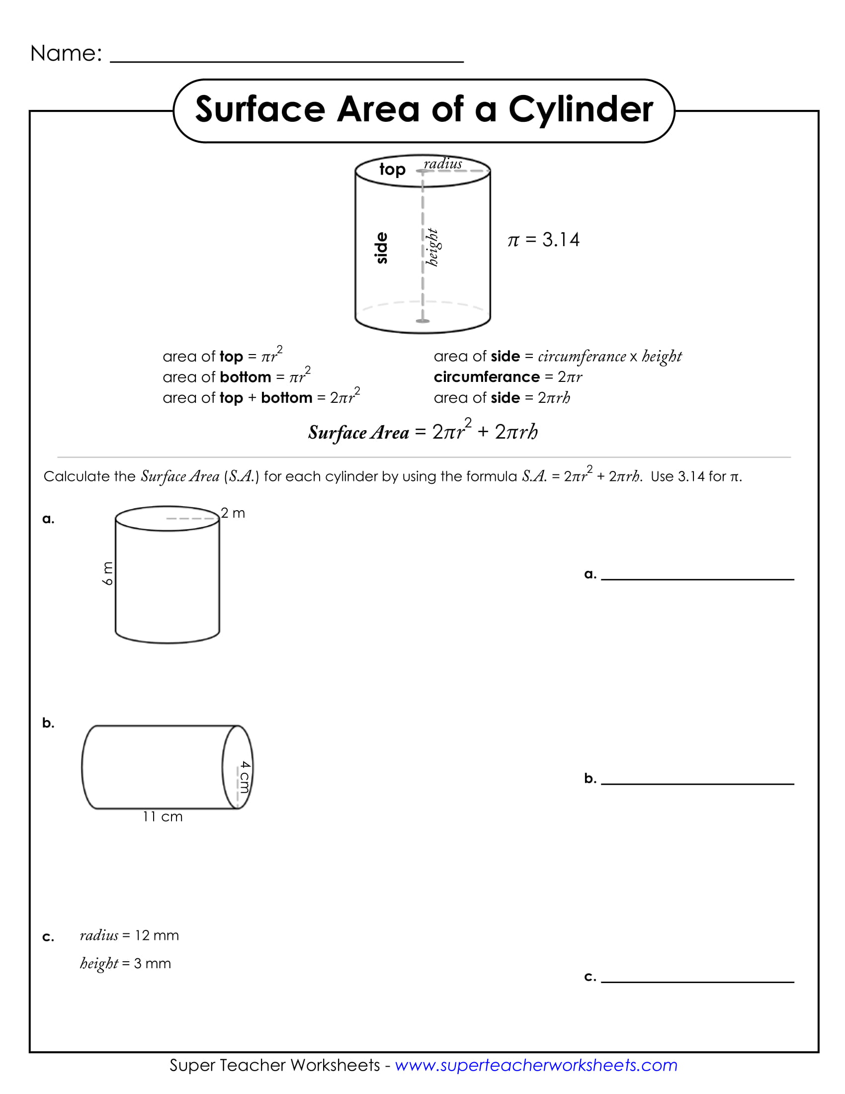 Surface Area of A Cylinder Sample Worksheet