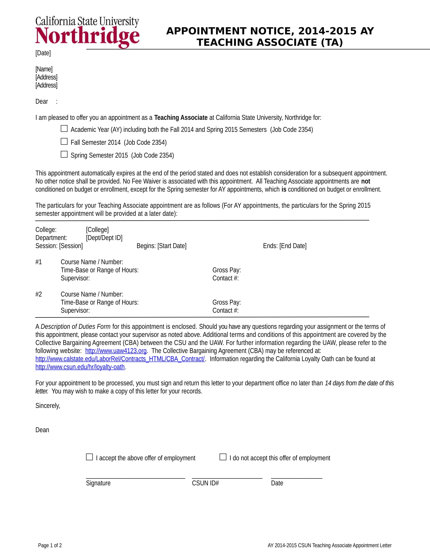 teaching associate appointment letter template sample
