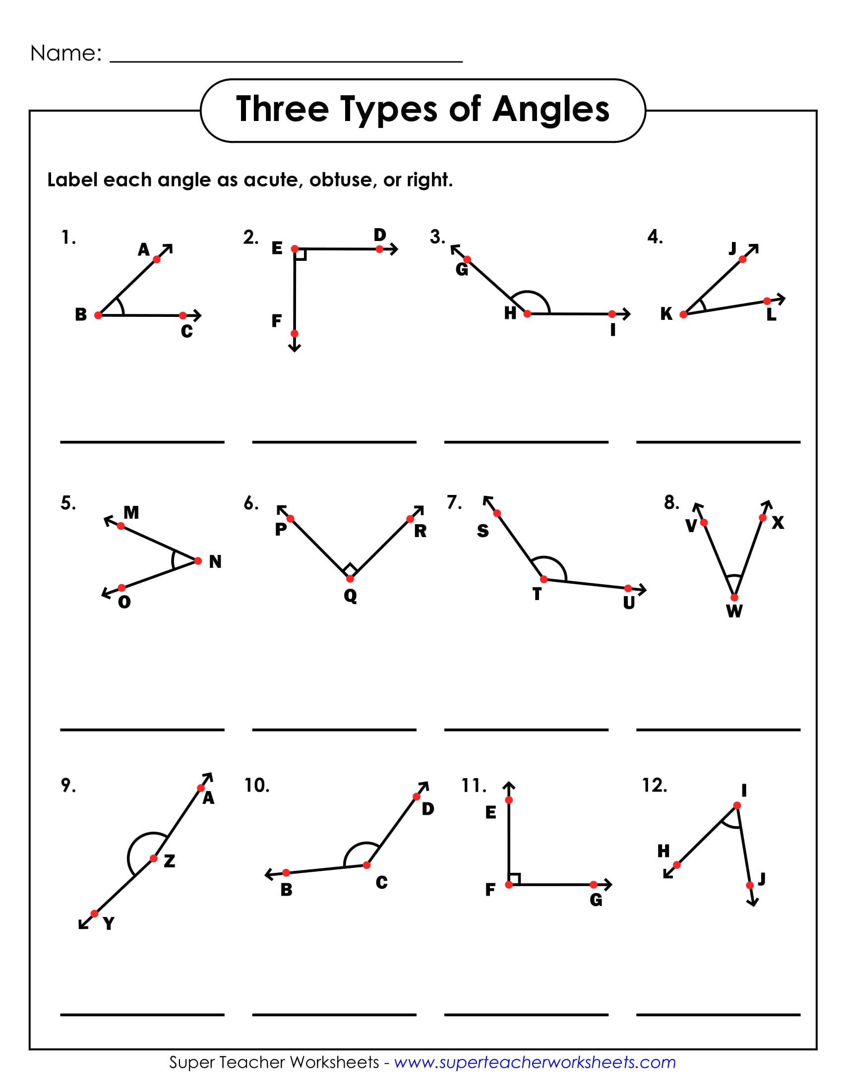 Three Types of Angles Sample Worksheet