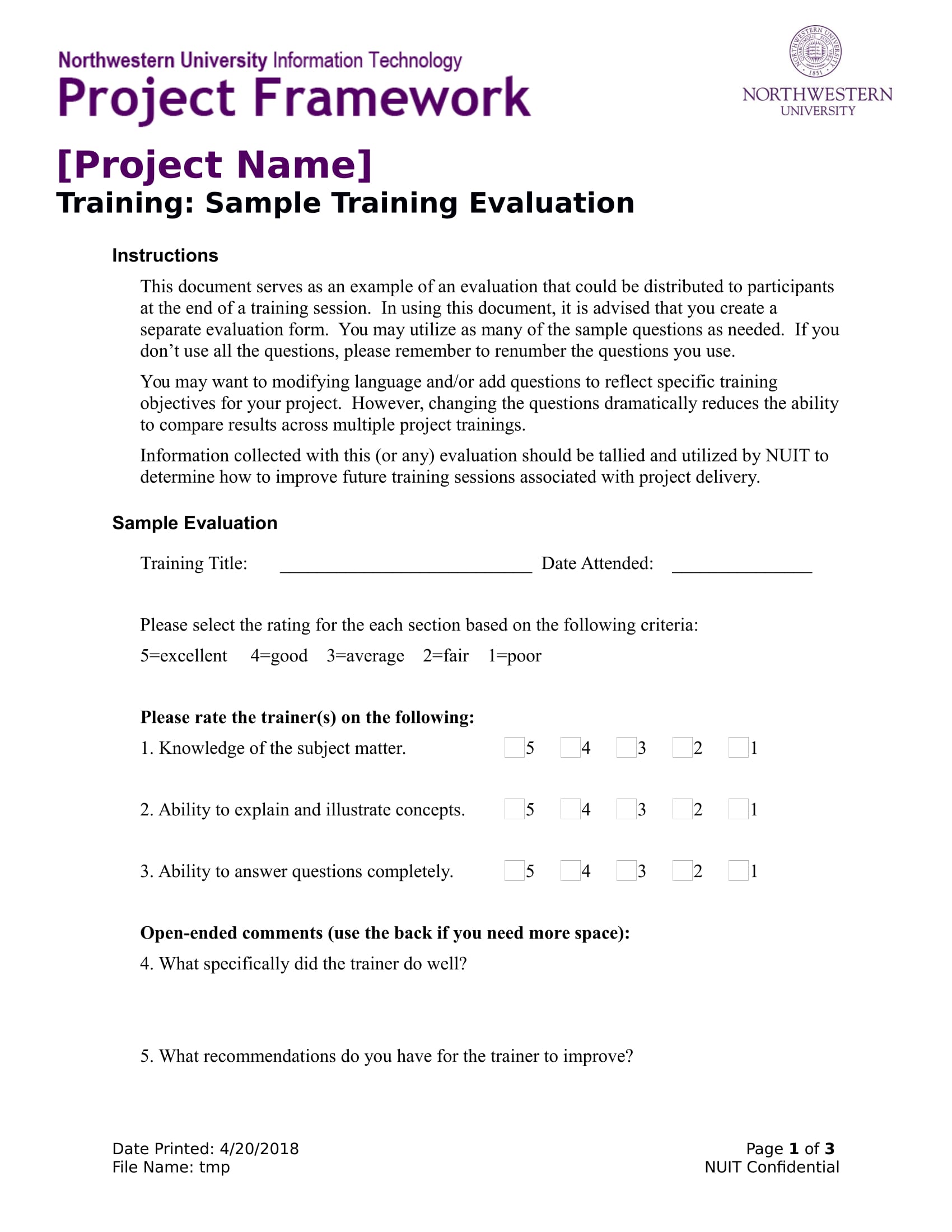 Training Evaluation Survey Form Example