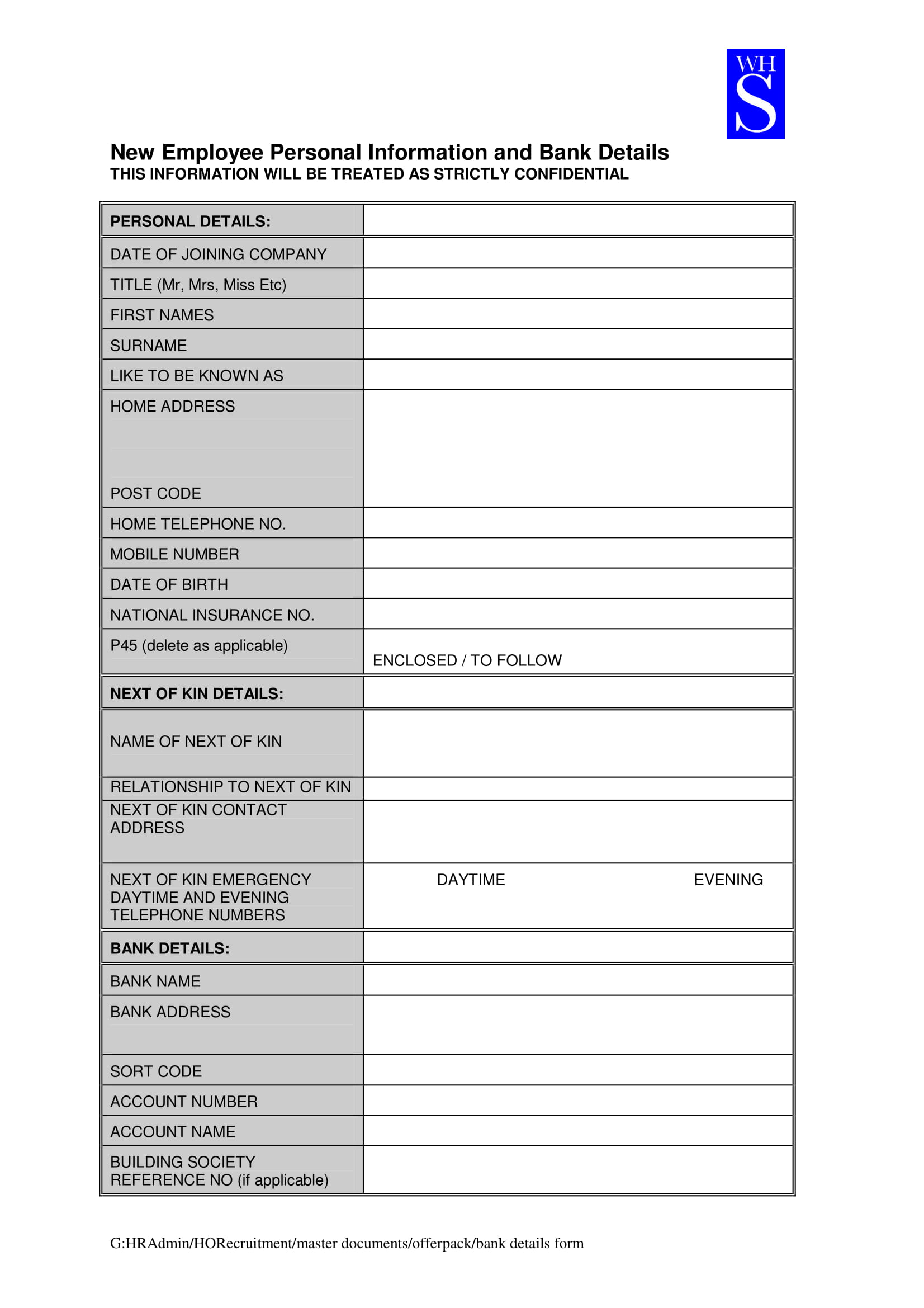 Printable New Employee Information Form Template