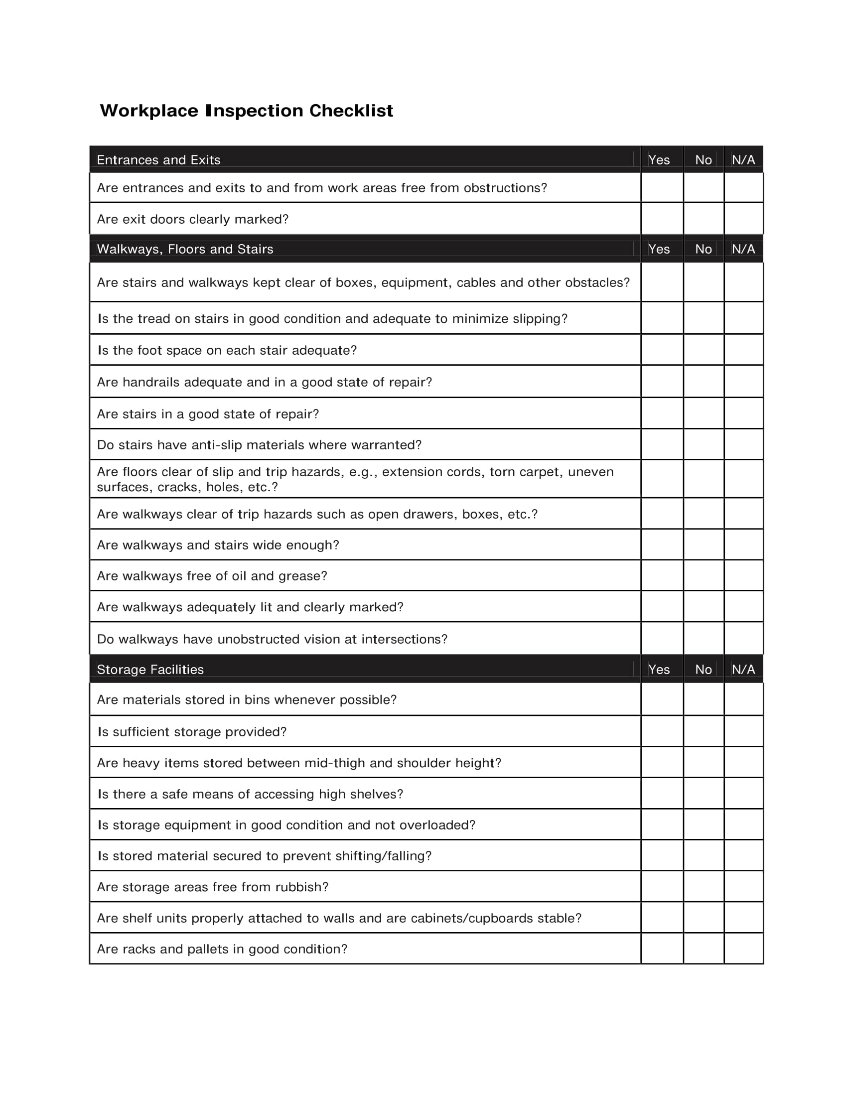 Workplace Inspection Checklist 10  Examples Format Pdf