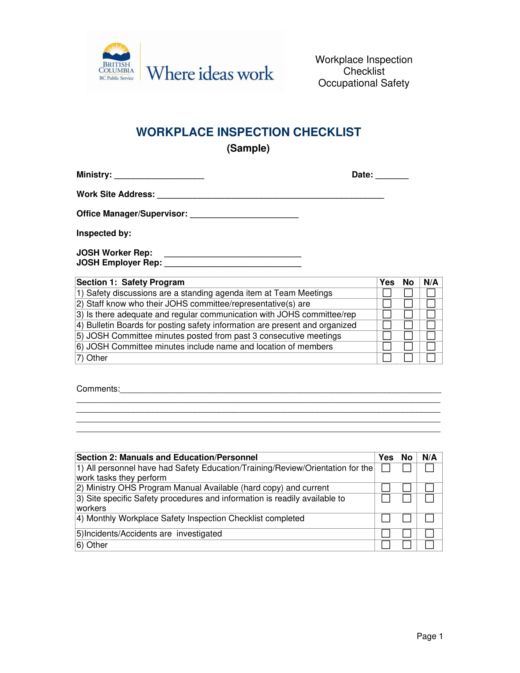 Workplace Safety Inspection Checklist Example