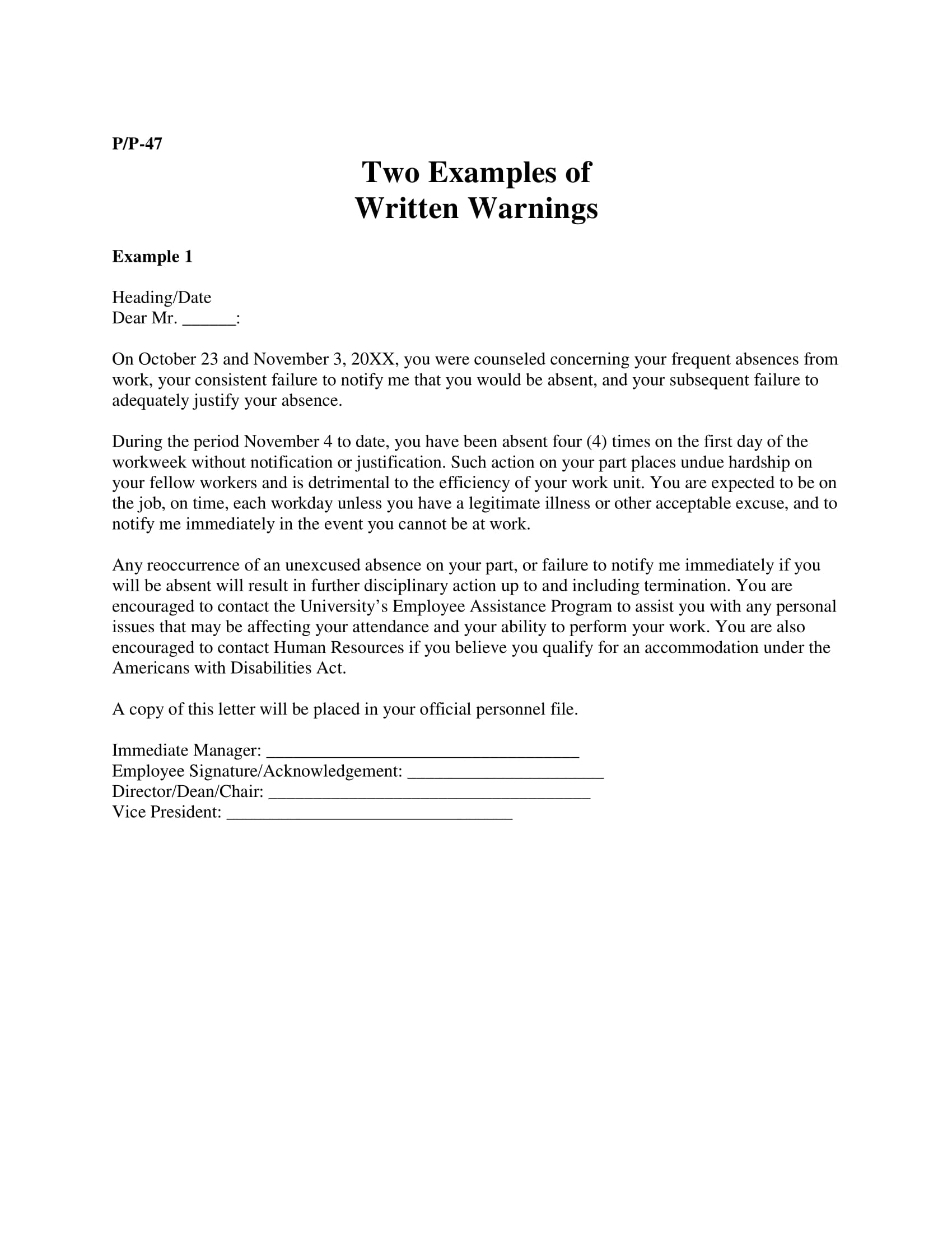 11 Employee Warning Letter Examples PDF Google Docs MS Word Apple Pages Examples