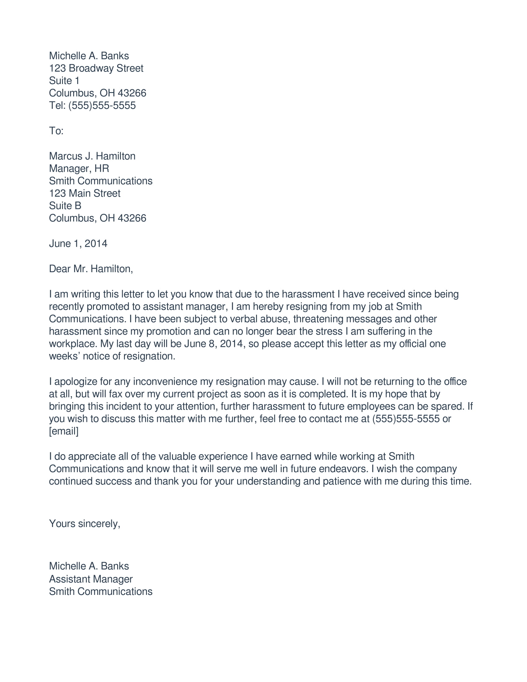 immediate resigantion letter due to harassment 1