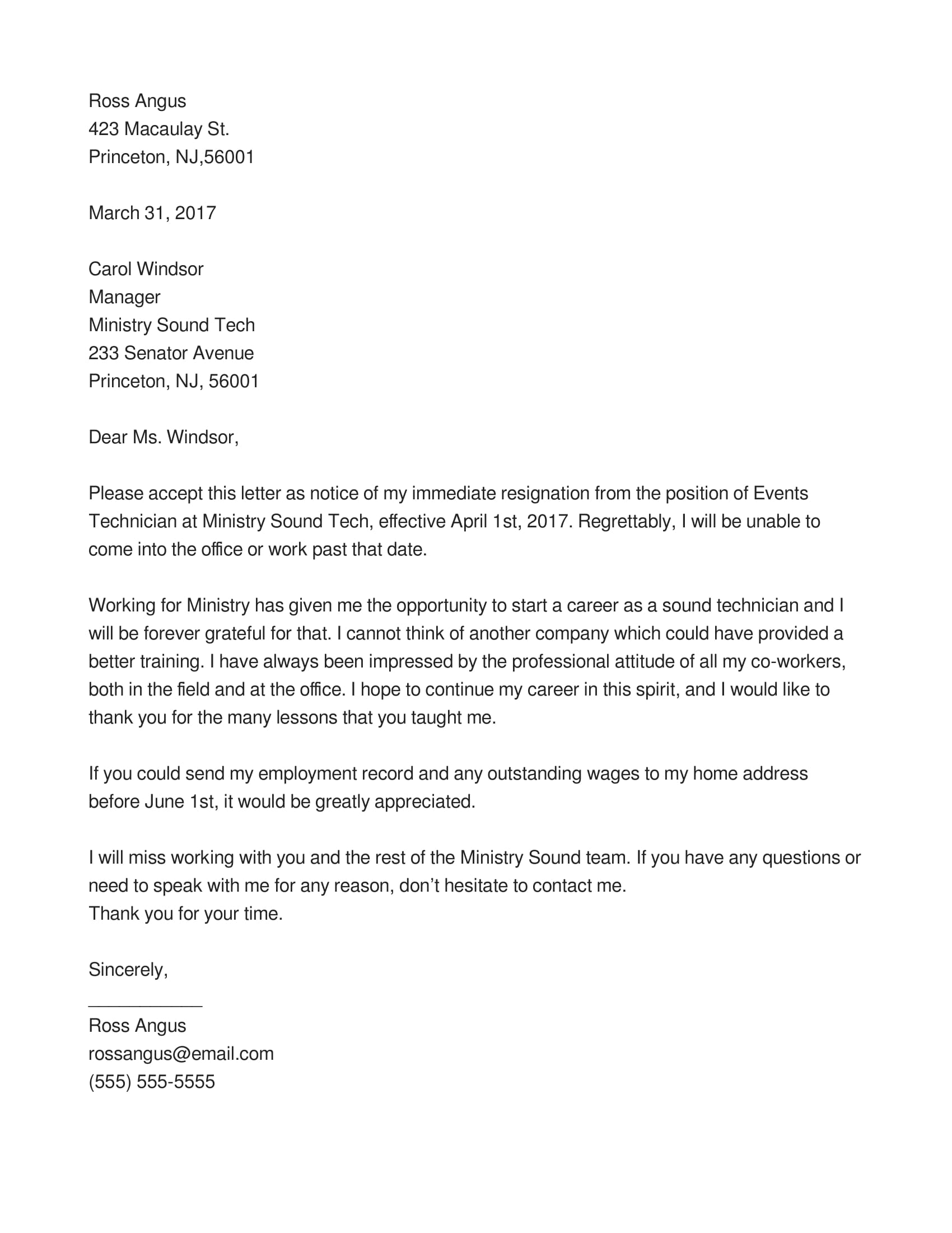 Draft Letter Of Resignation Template