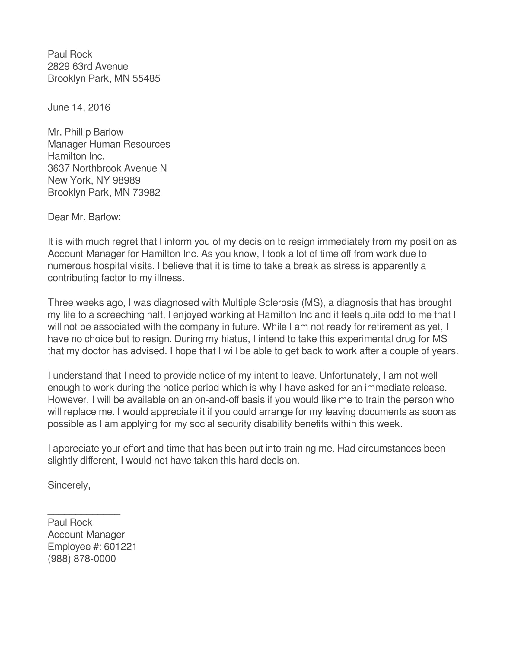 Resignation Letter For Mental Health Reasons