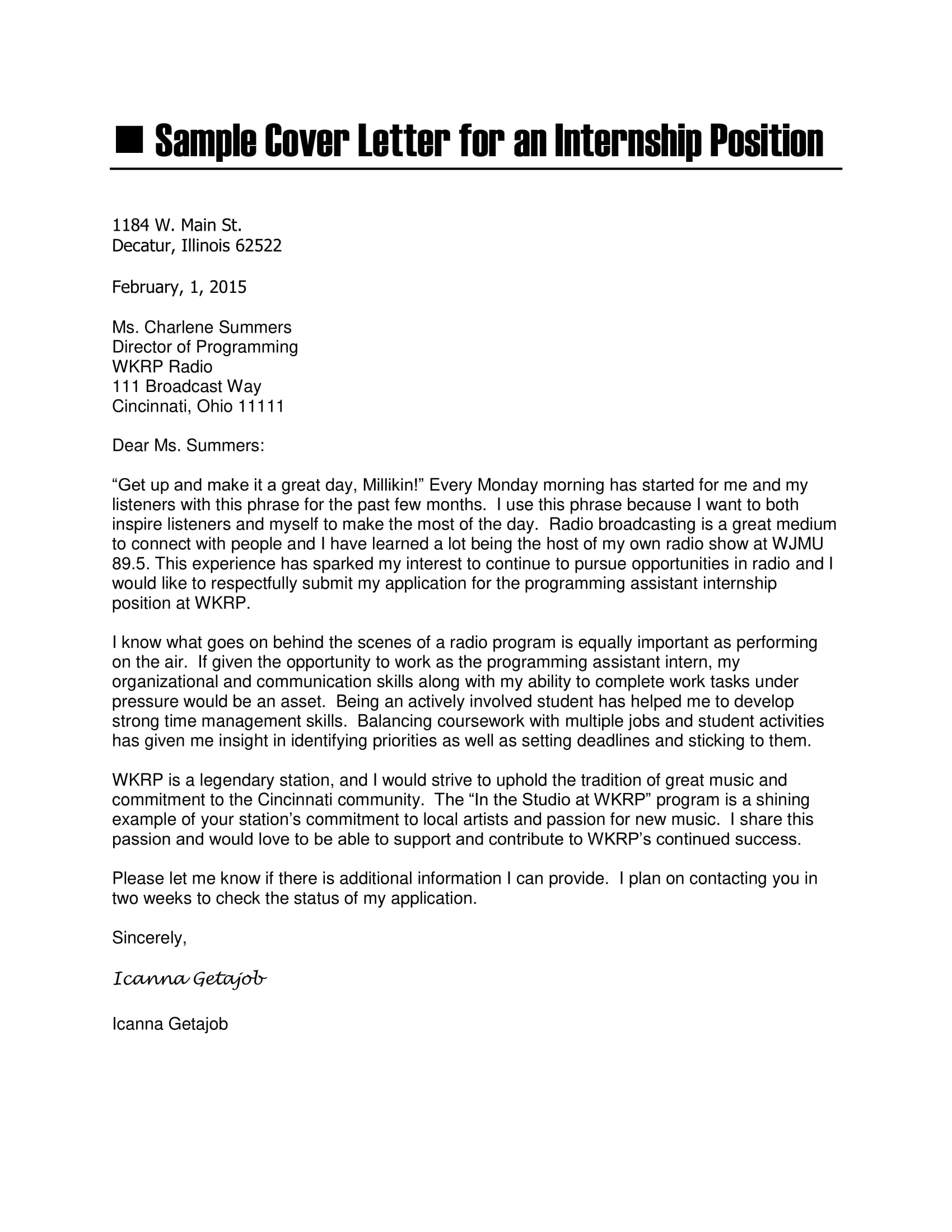 7+ Internship Cover Letter Examples - PDF | Examples