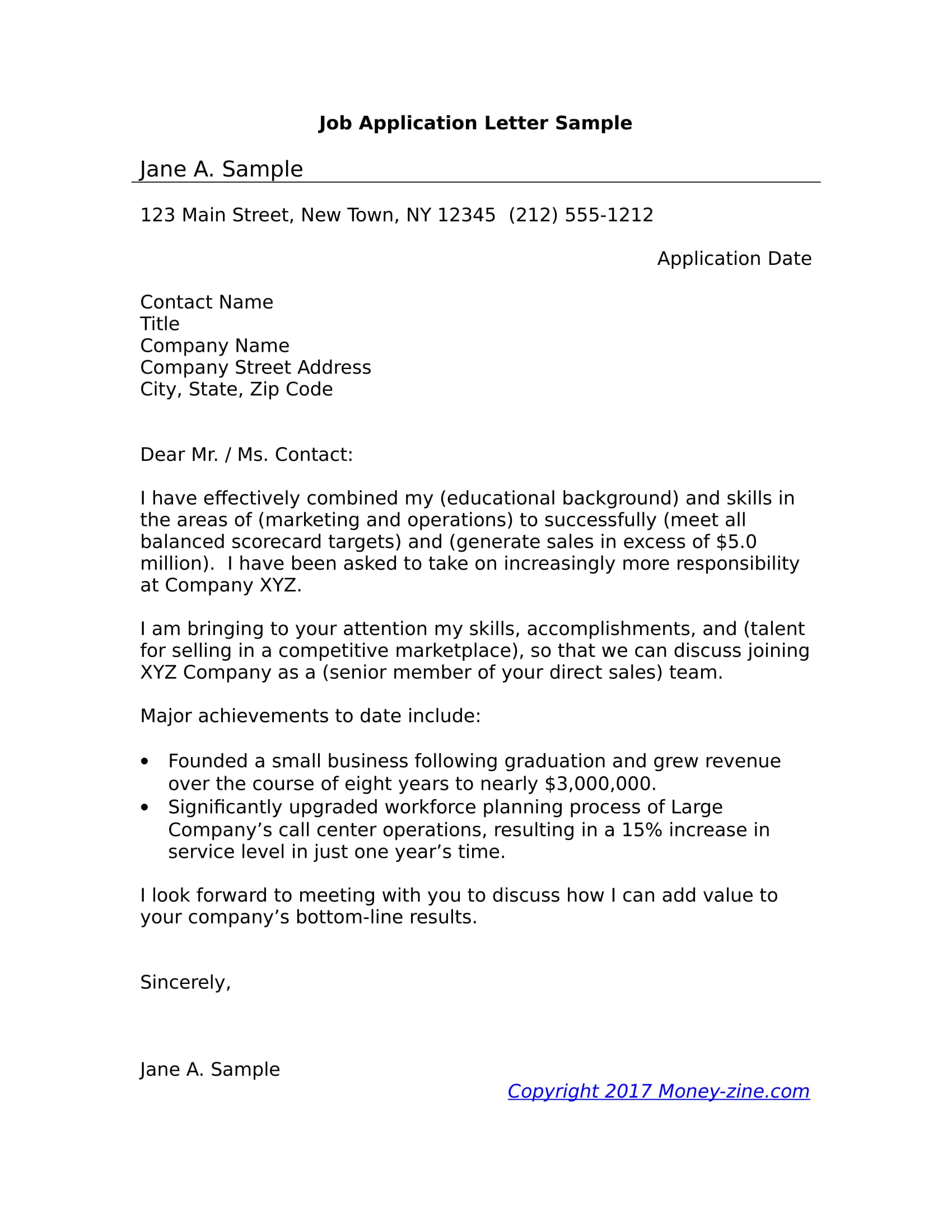 example of application letter for job