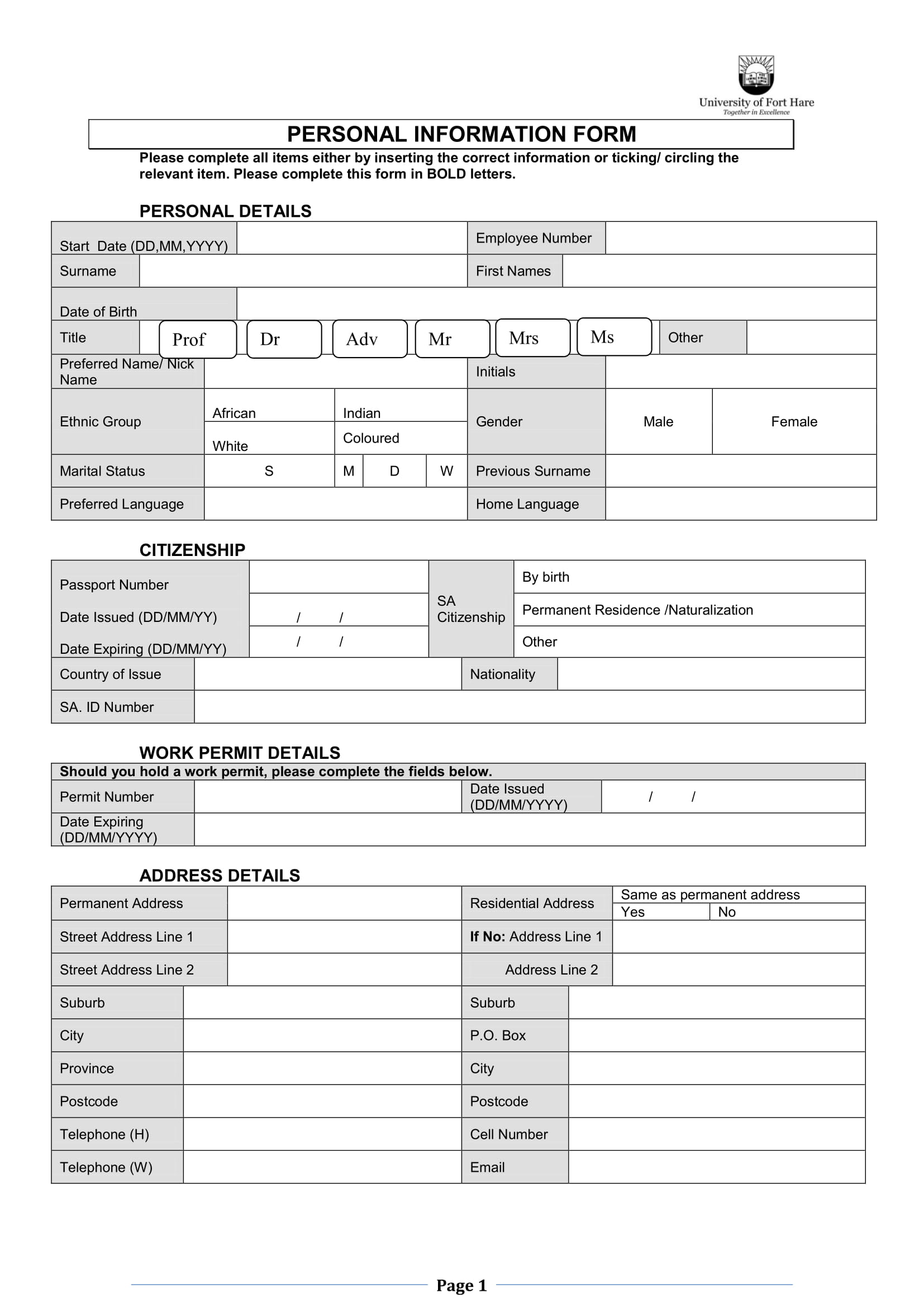 Employee Information Form Template Word