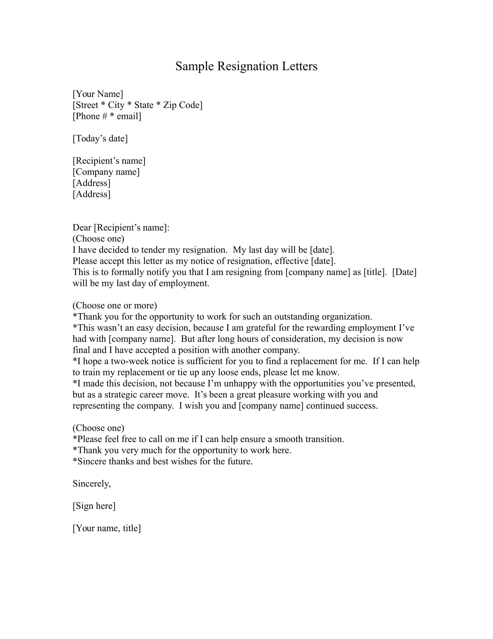 Resignation Letter Template Online