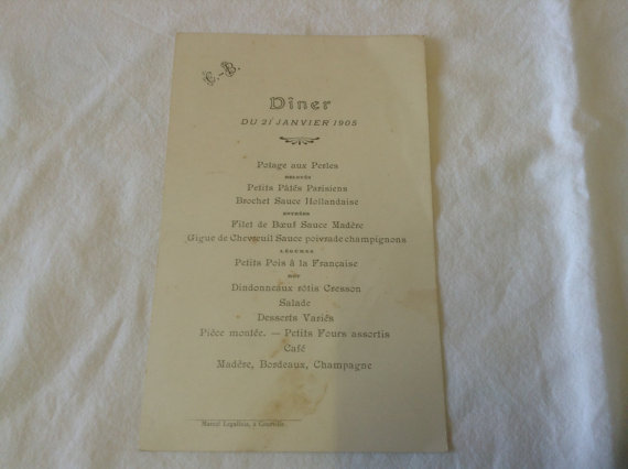1905 antique vintage french menu example