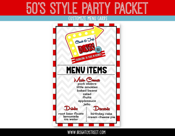 50s retro diner birthday menu example