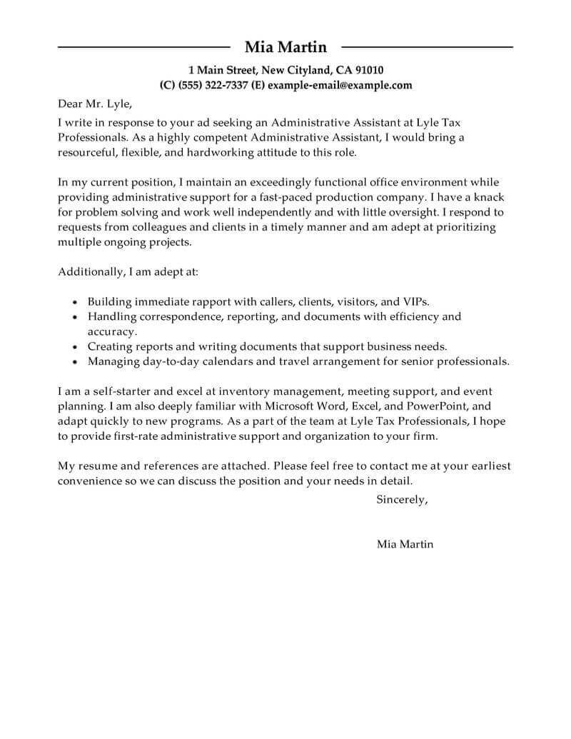 admin assistant cover letter example