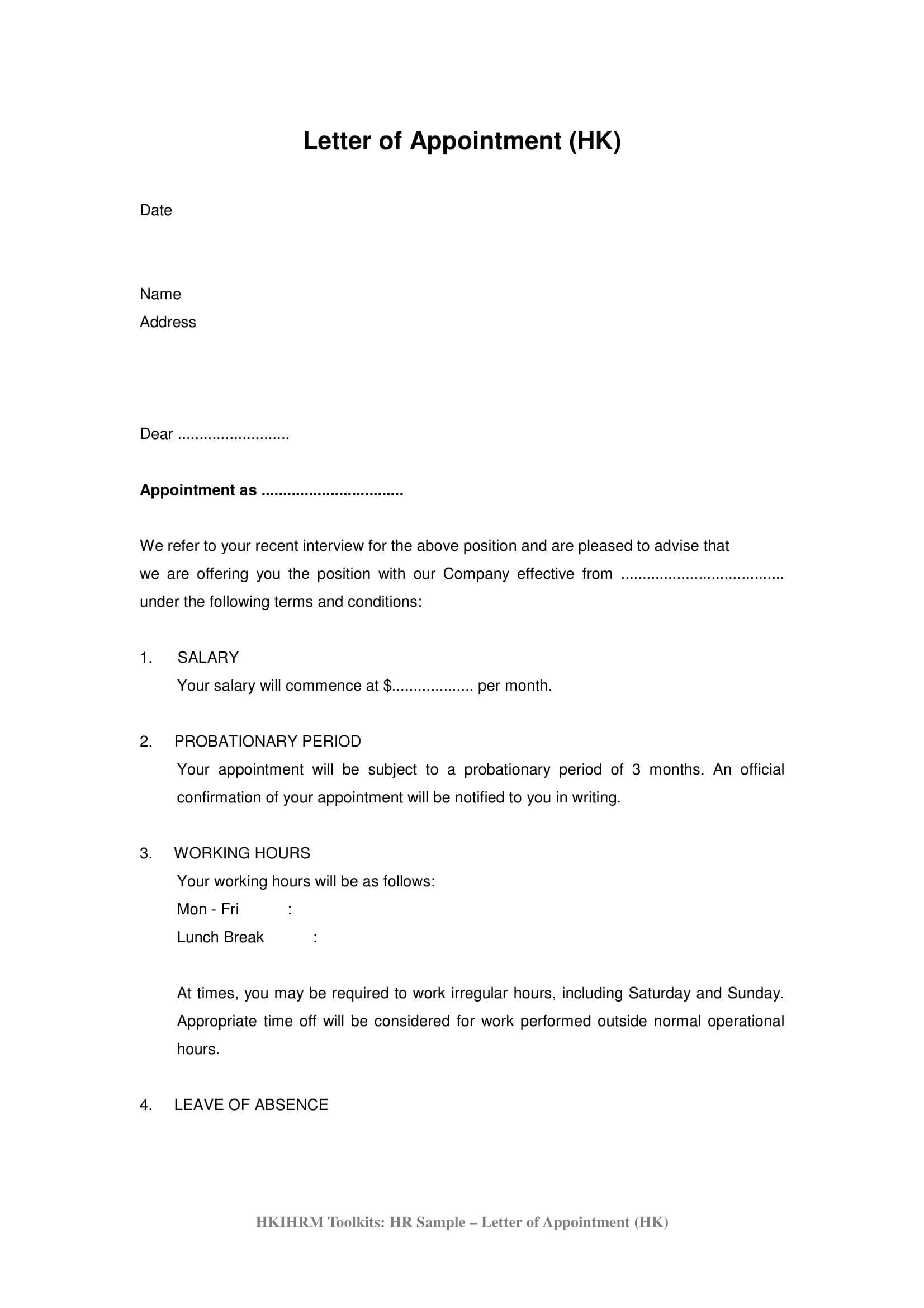 appointment letter example 1