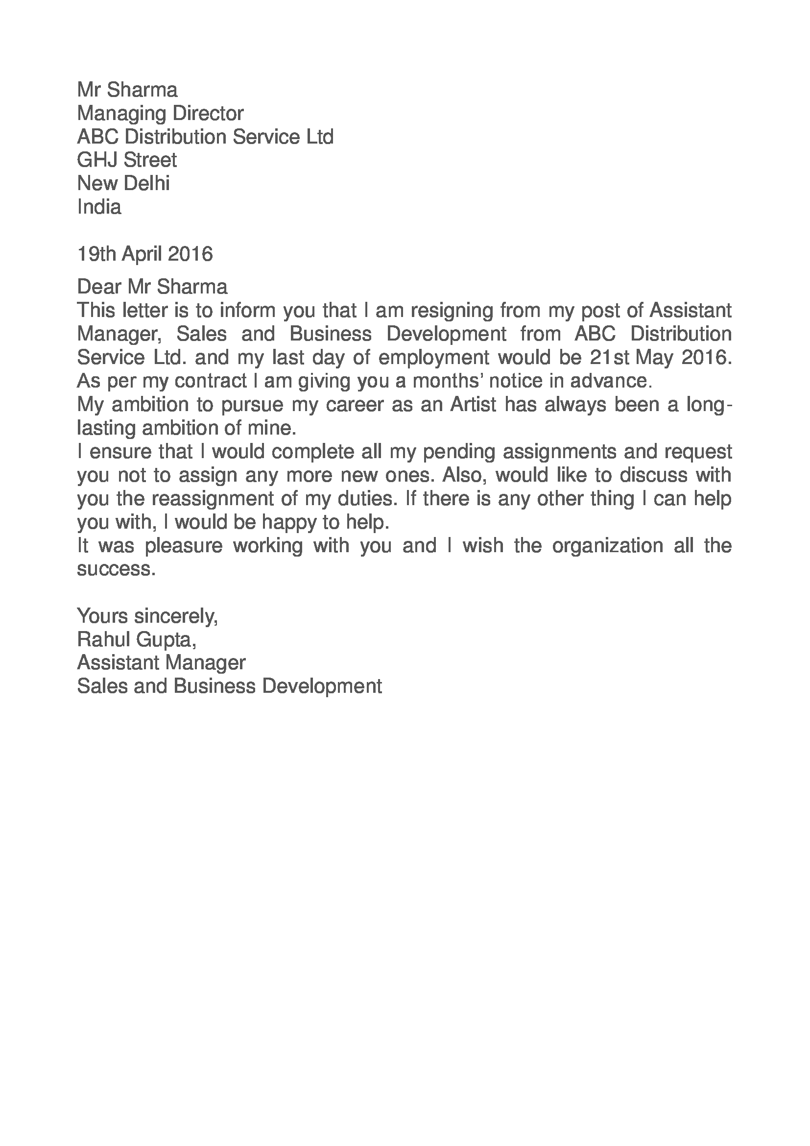 asistant manager resignation letter example