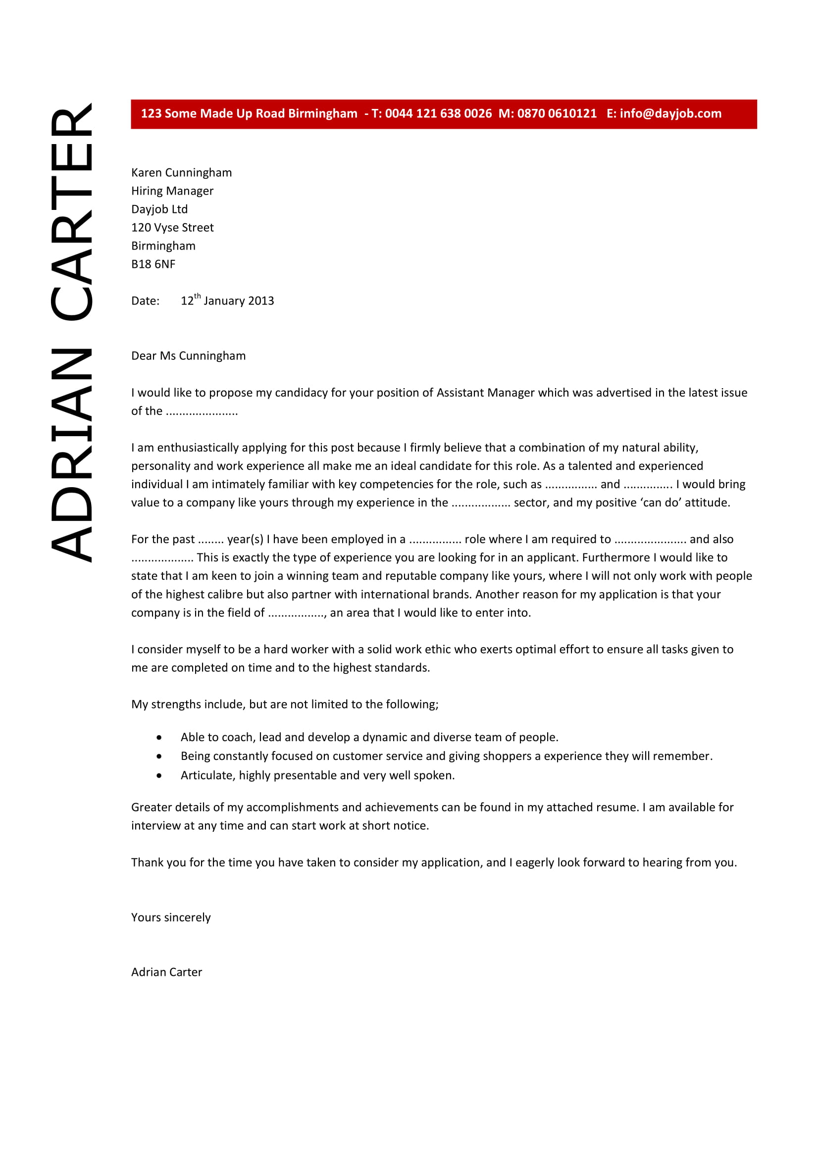assistant manager cover letter example