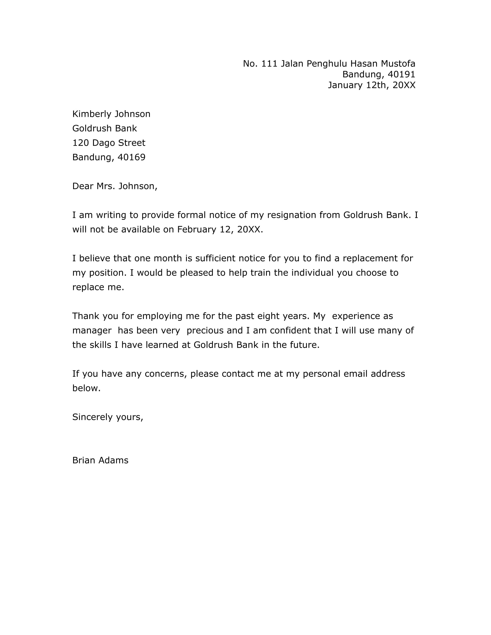 Bank Manager Resignation Letter