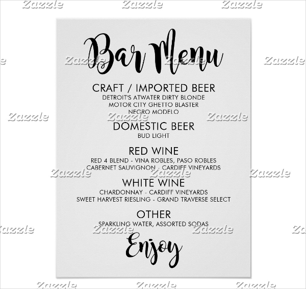 bar menu for birthday example1