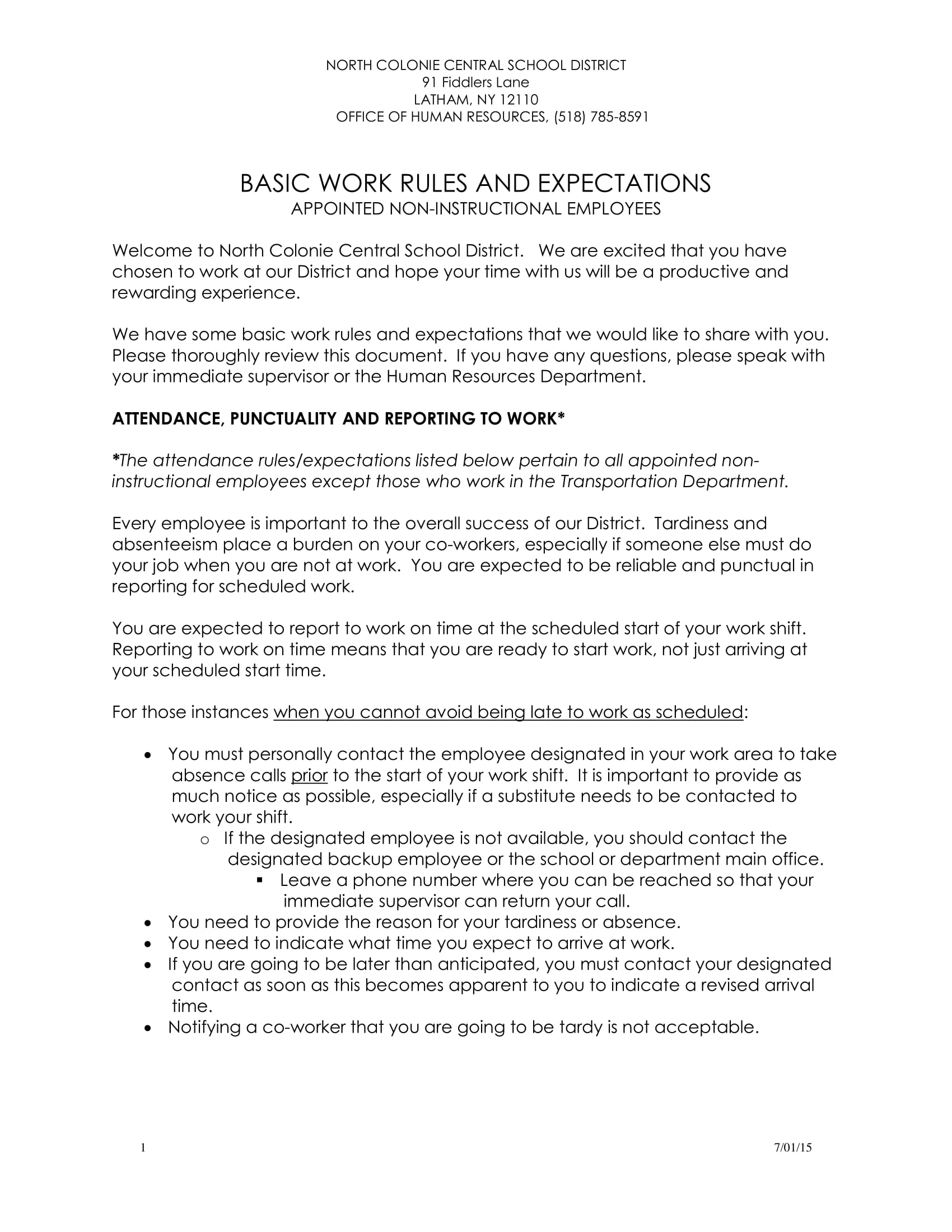 basic employee work rules and expectations
