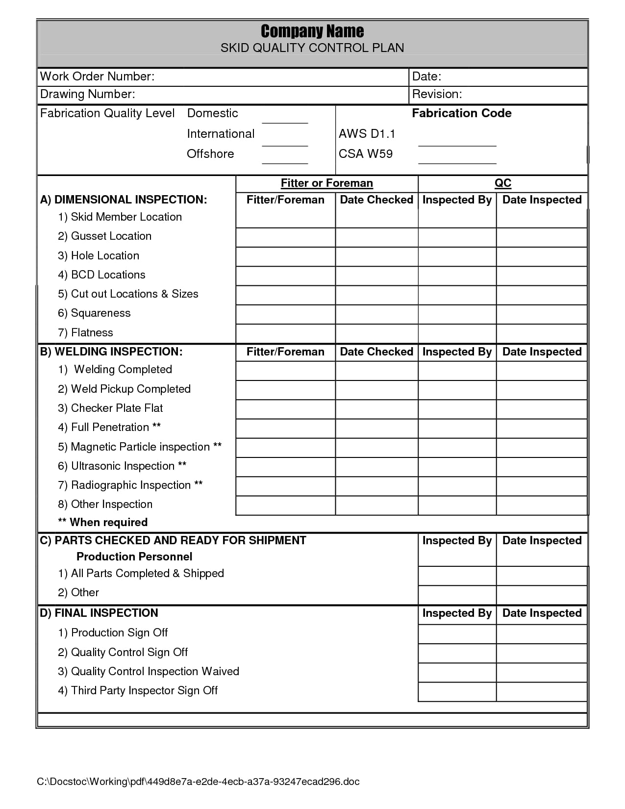 Quality Control Plan Template Excel