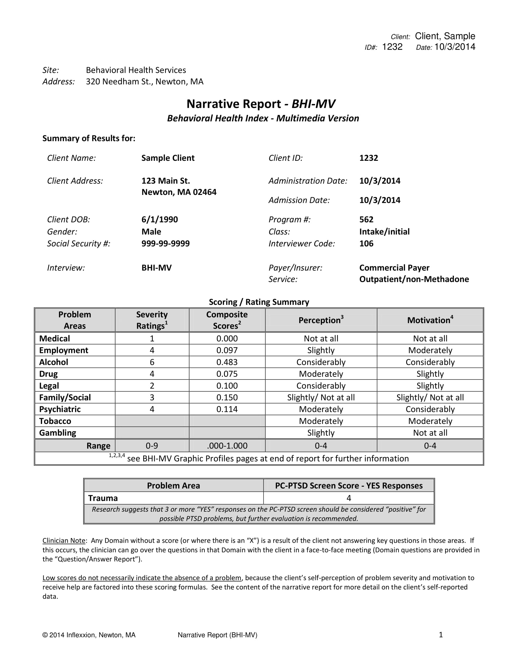behavioral health index multimedia version narrative report example