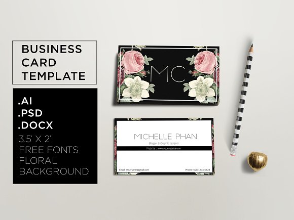 black floral business card template example