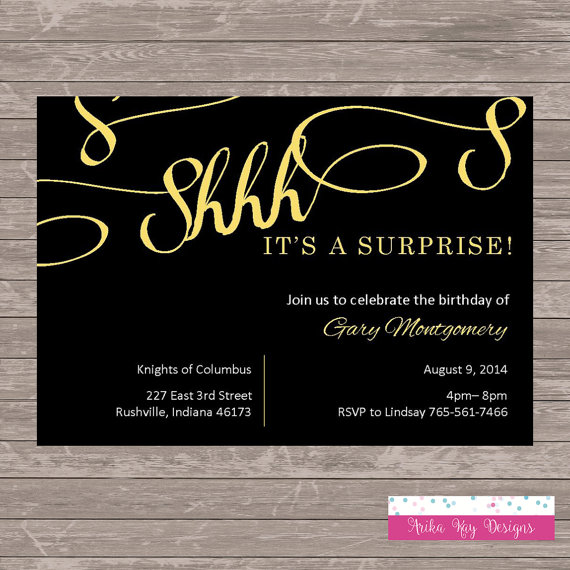 black and gold surprise party invitation example