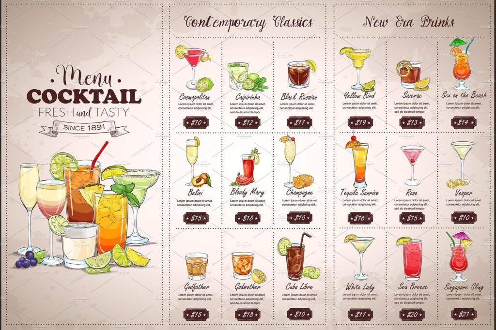 bright menu cocktail menu example
