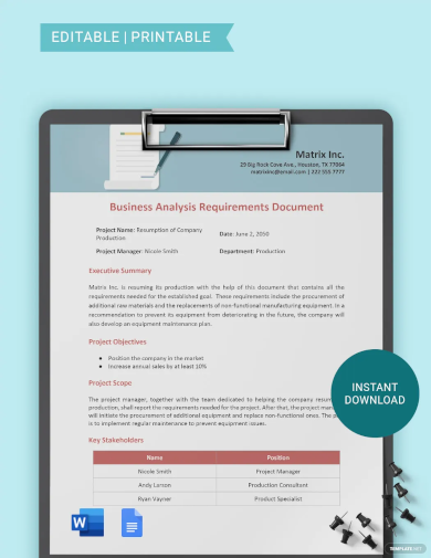business analysis requirements document template