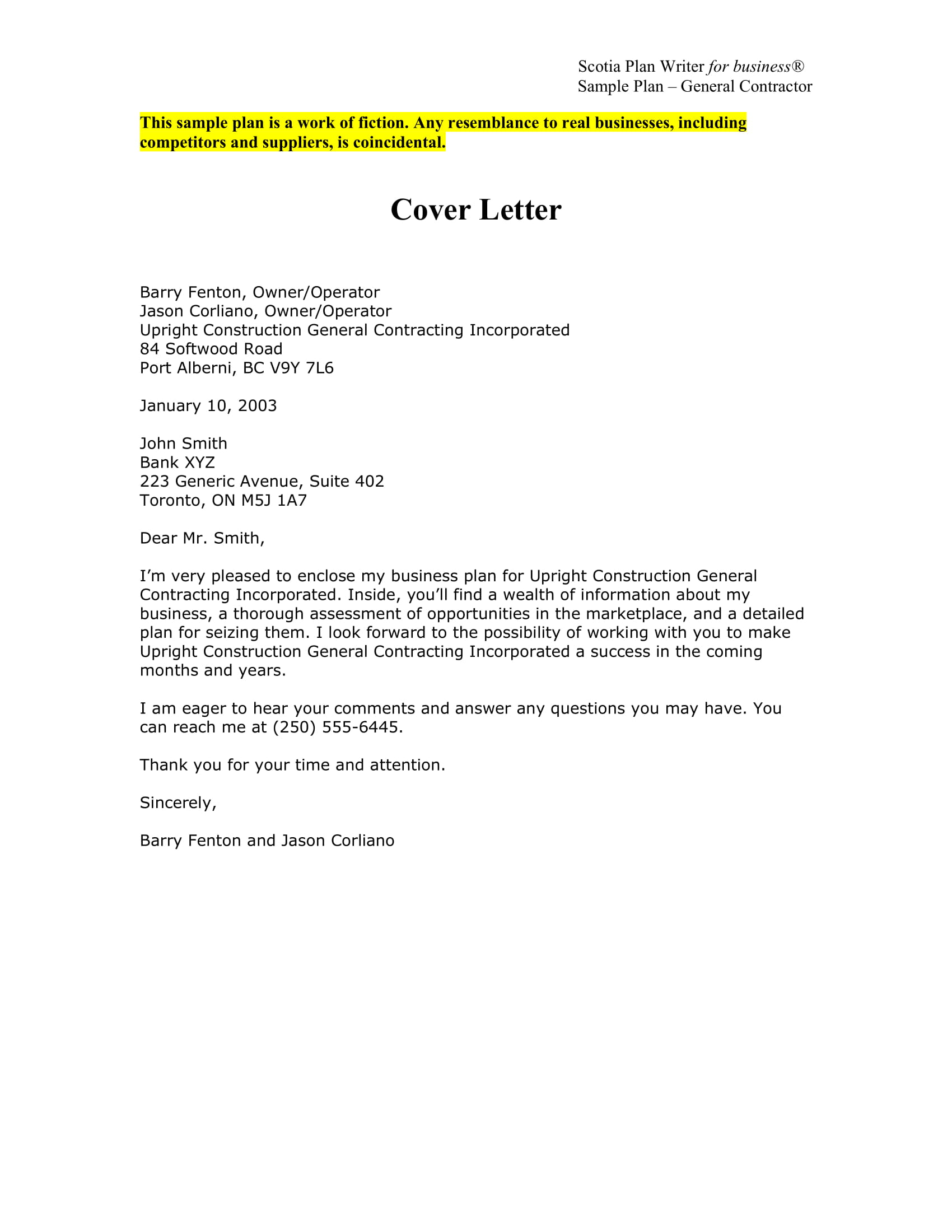 business plan cover letter example