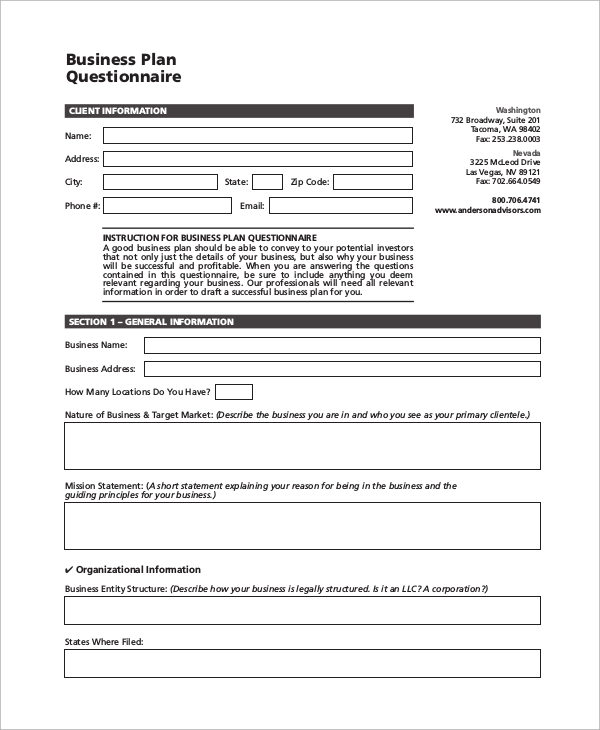 questionnaire for a business plan