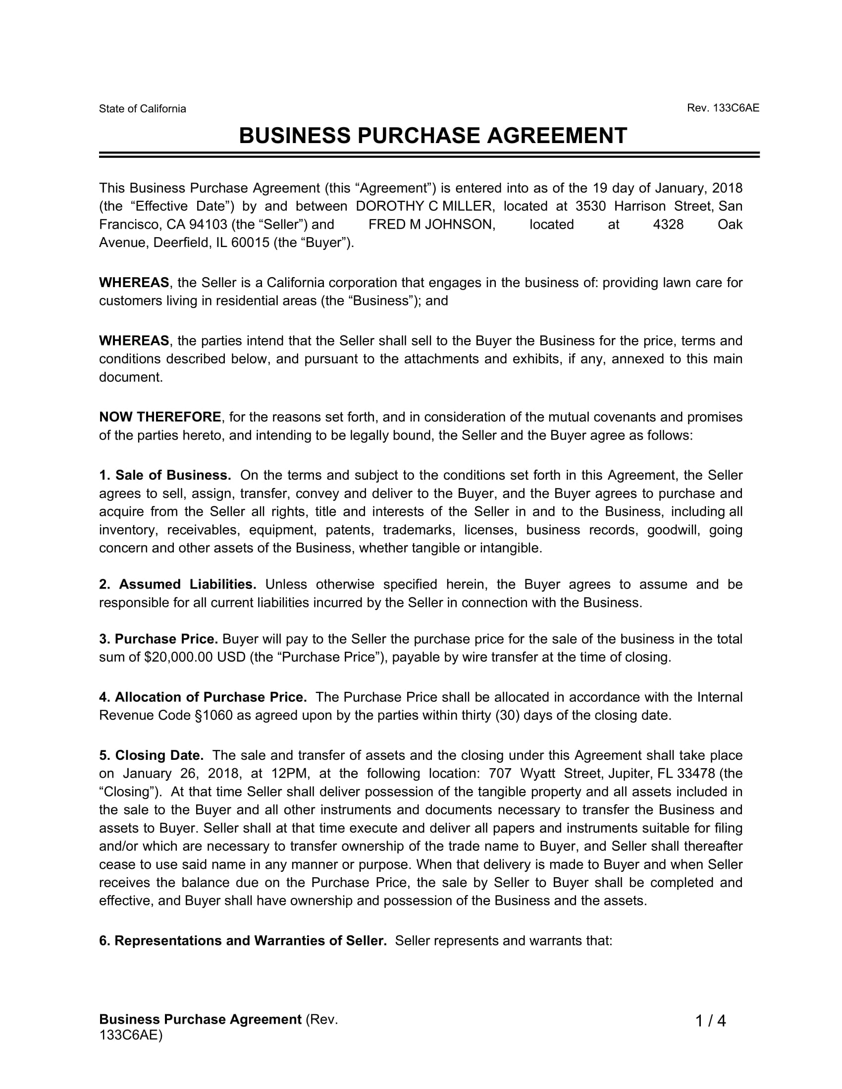 Business Purchase Agreement Example