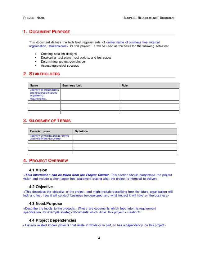 business requirements document section template