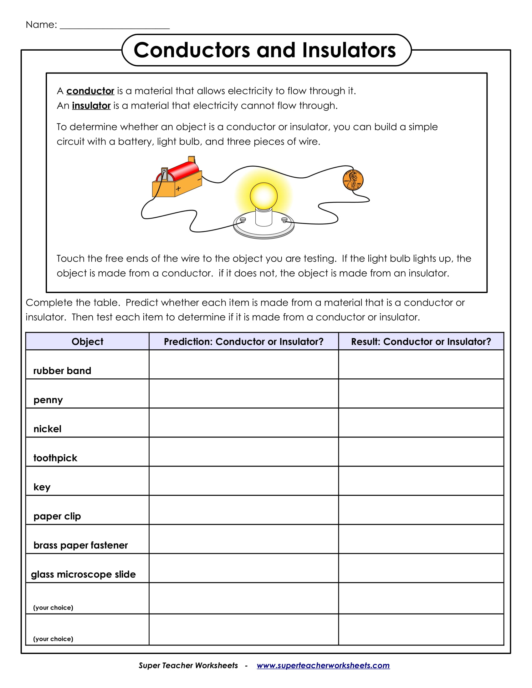 Worksheets On Conductors And Insulators