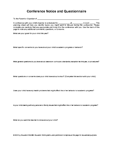 conference notice and questionnaire example