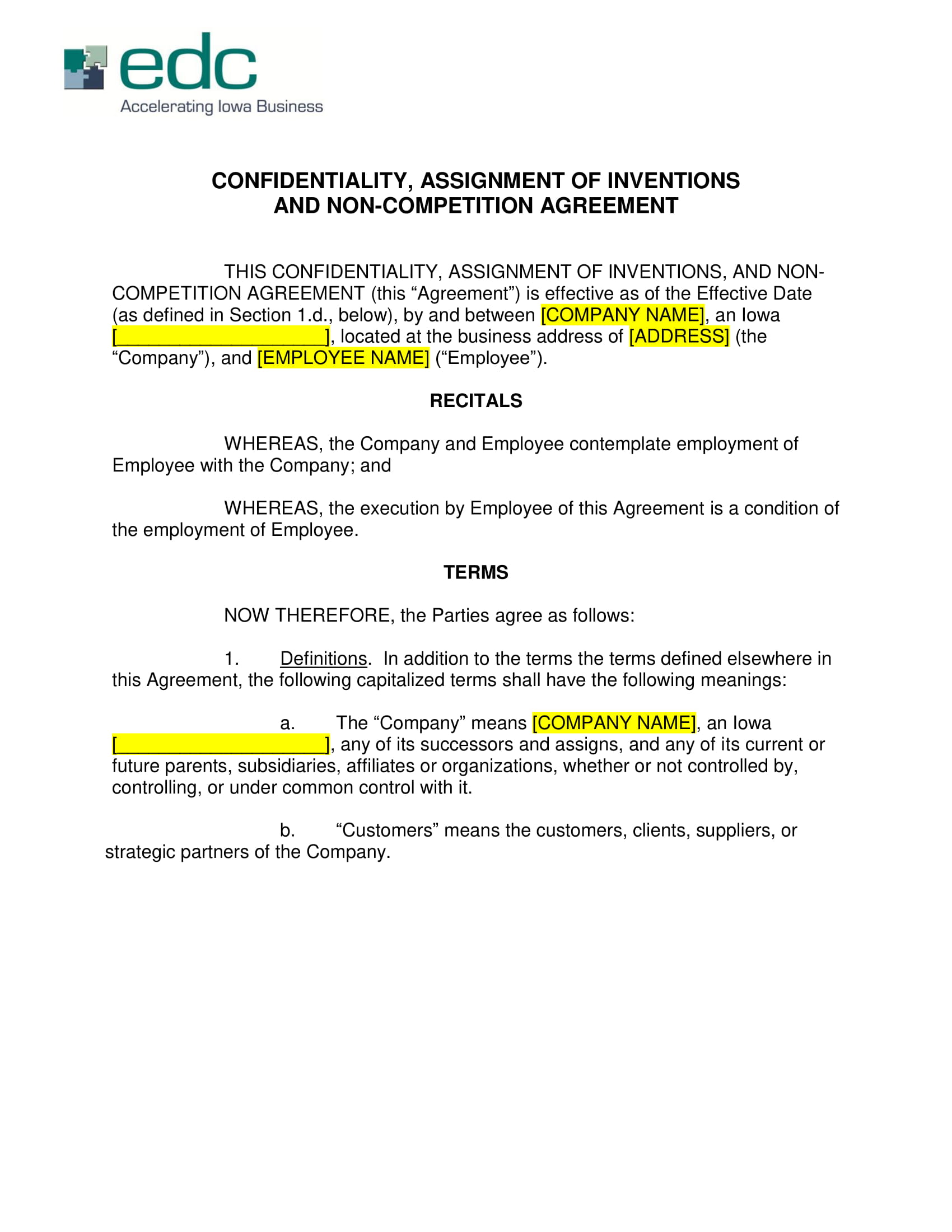 Confidentiality, Assignment of Inventions and Non-Competition Agreement Example